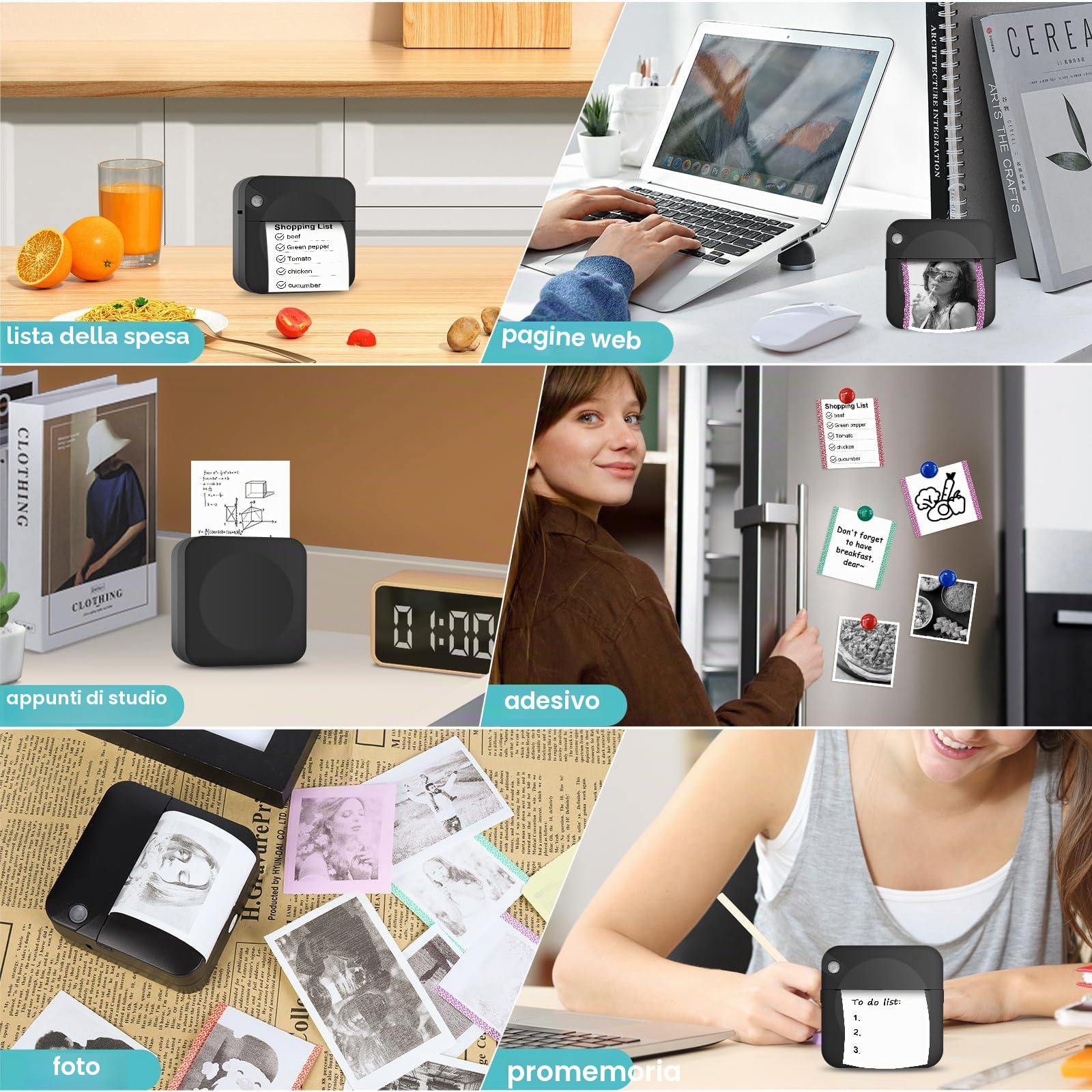 Mini Stampante Fotografica, Mini Stampante Termica,Stampante Fotografica Istantanea Portatile, Mini Stampante Termica Bluetooth con Ricarica USB Stampante, per Fotografica, Note, Diario, Elenco (Nero)