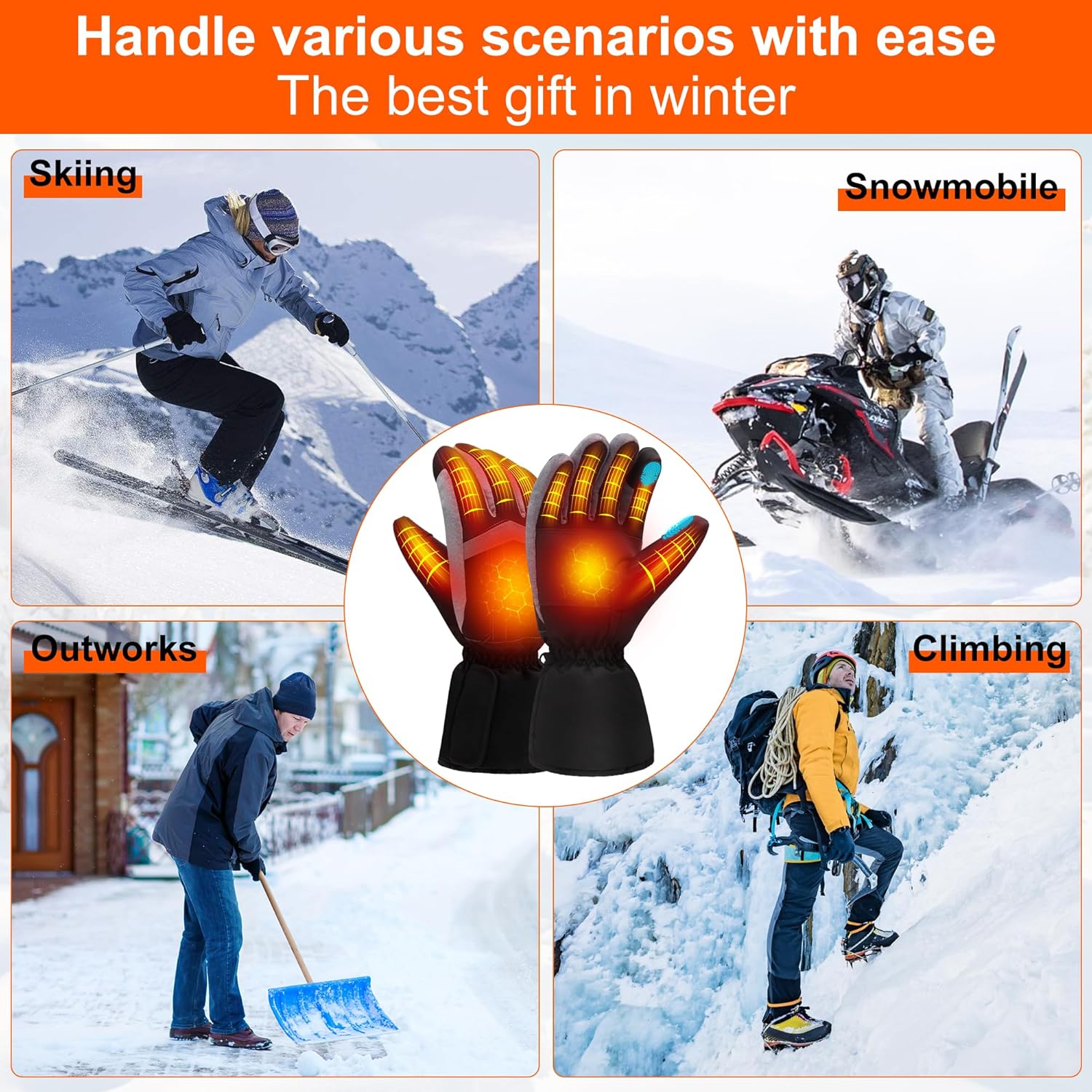 Heated Gloves for Men Women, Rechargeable Electric Gloves Waterproof&Windproof, Touchscreen, Non-Slip Grip with 3 Heating Levels for Motorcycling, Skiing, Outdoor Work & Winter Sports - Image 9