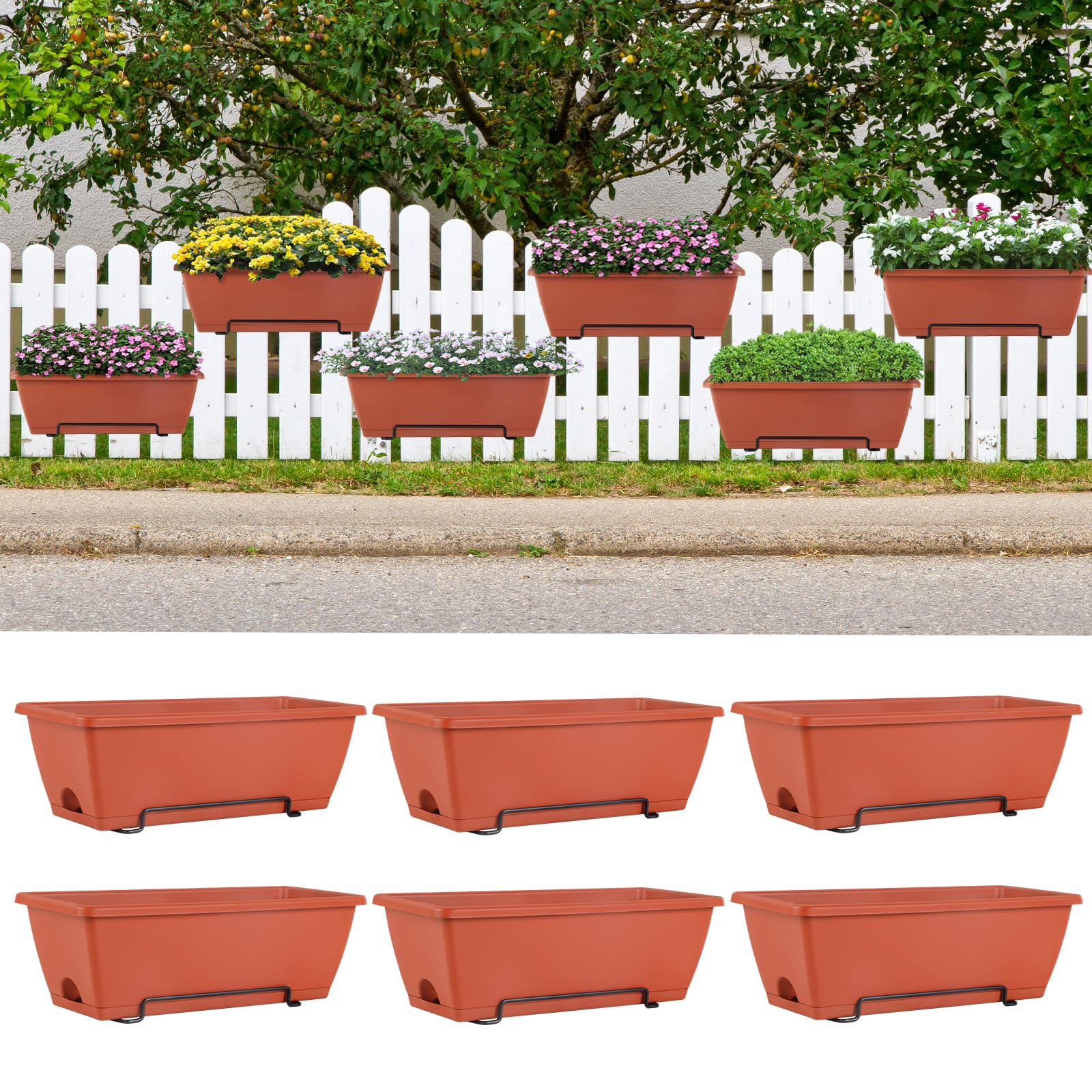 HAITRAL 16.9 Inch Deck Railing Planter Boxes for Plants, Rectangular Hanging Window Boxes Planters with Metal Flower Pots Brackets - 6 Pack Railing Planter Box for Balcony Fences Garden, Red