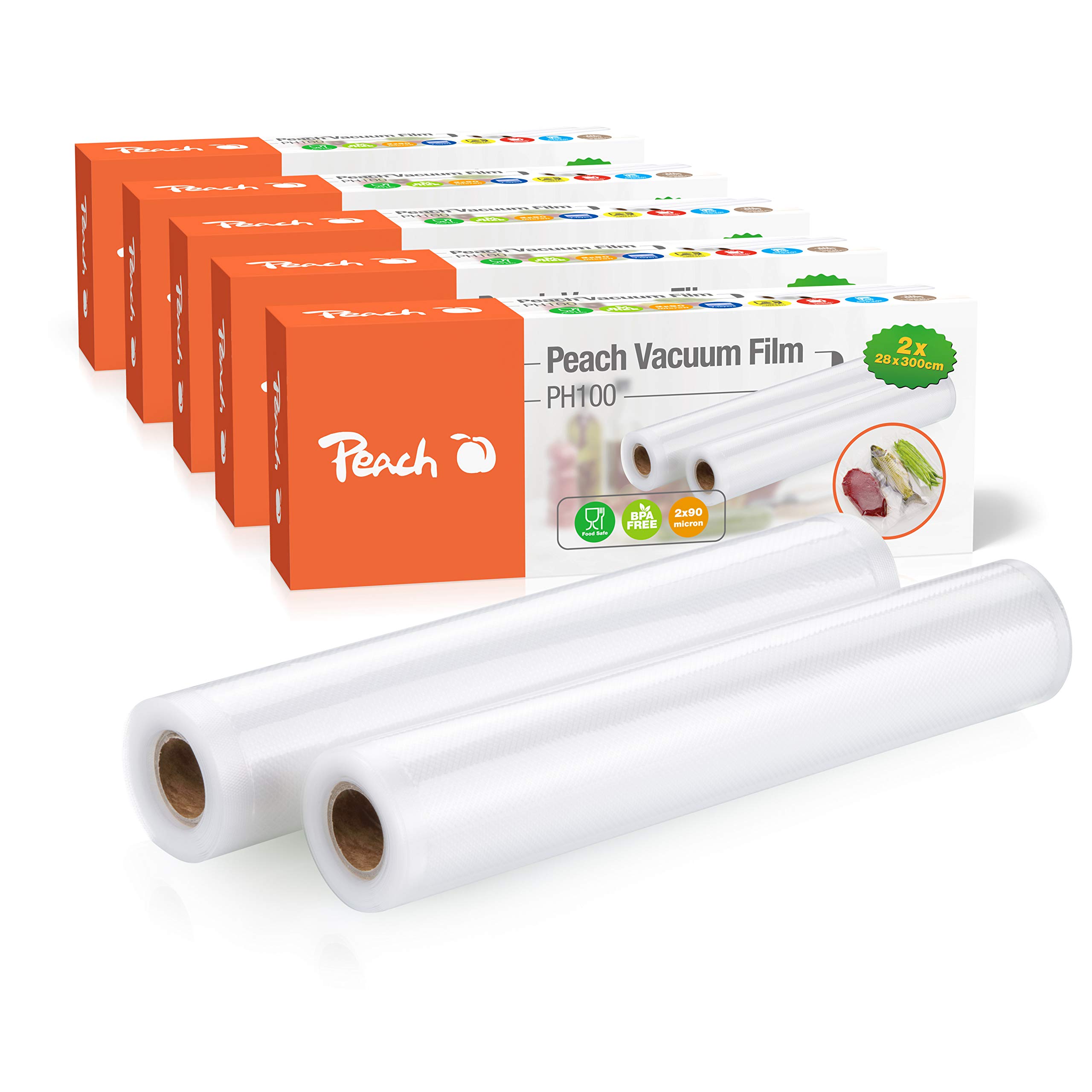 Peach Vakuumierfolie - 10 Rollen à 28x300cm - 30 Meter - Lebensmittel natürlich Frischhalten - kein Foodwaste mehr - geeignet für alle handelsüblichen Vakuumiergeräte - PH100P