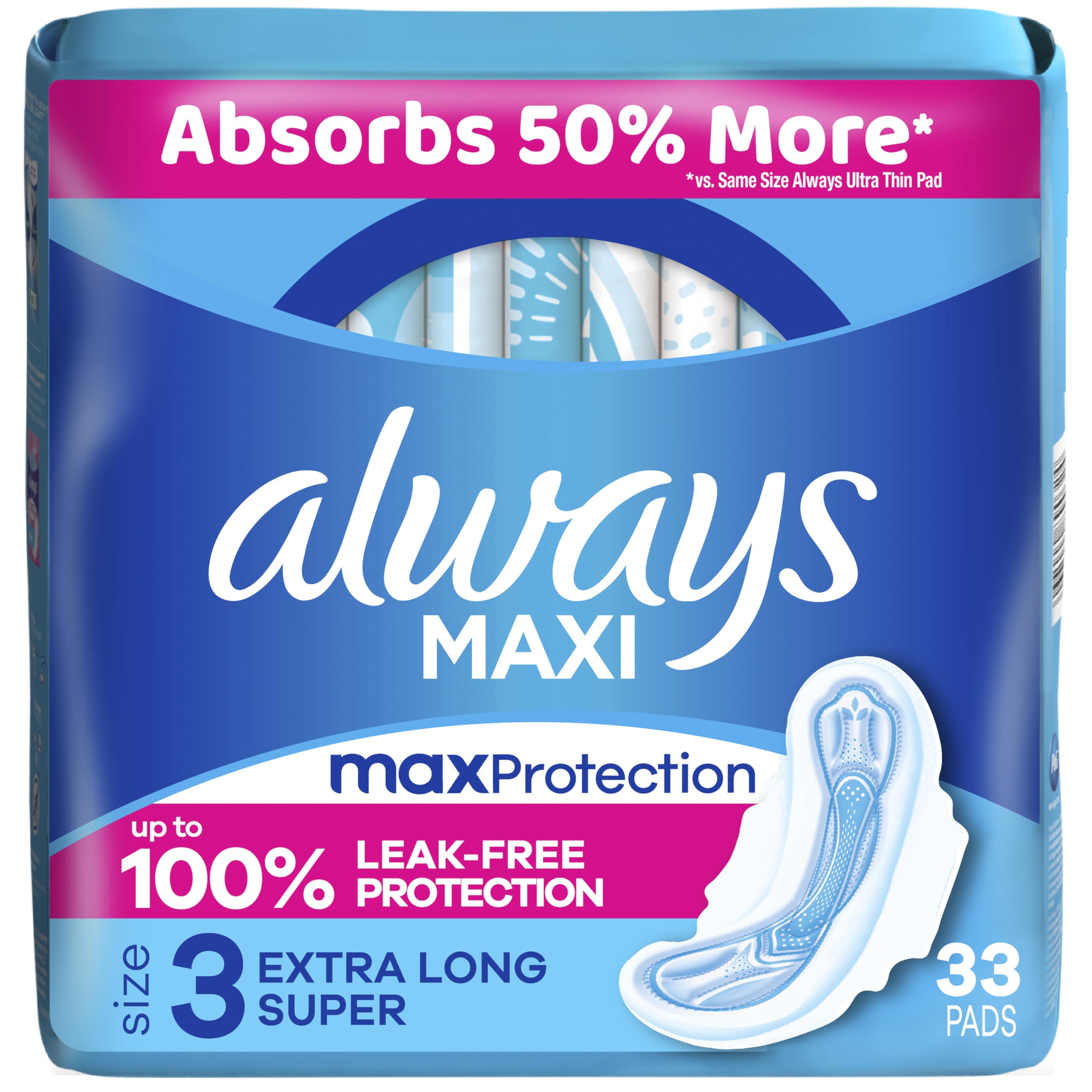 Always Maxi Feminine Pads with Wings for Women, Size 3, Extra Long Super Absorbency, Unscented, Up to 100% Leak-Free Protection, 33 Count
