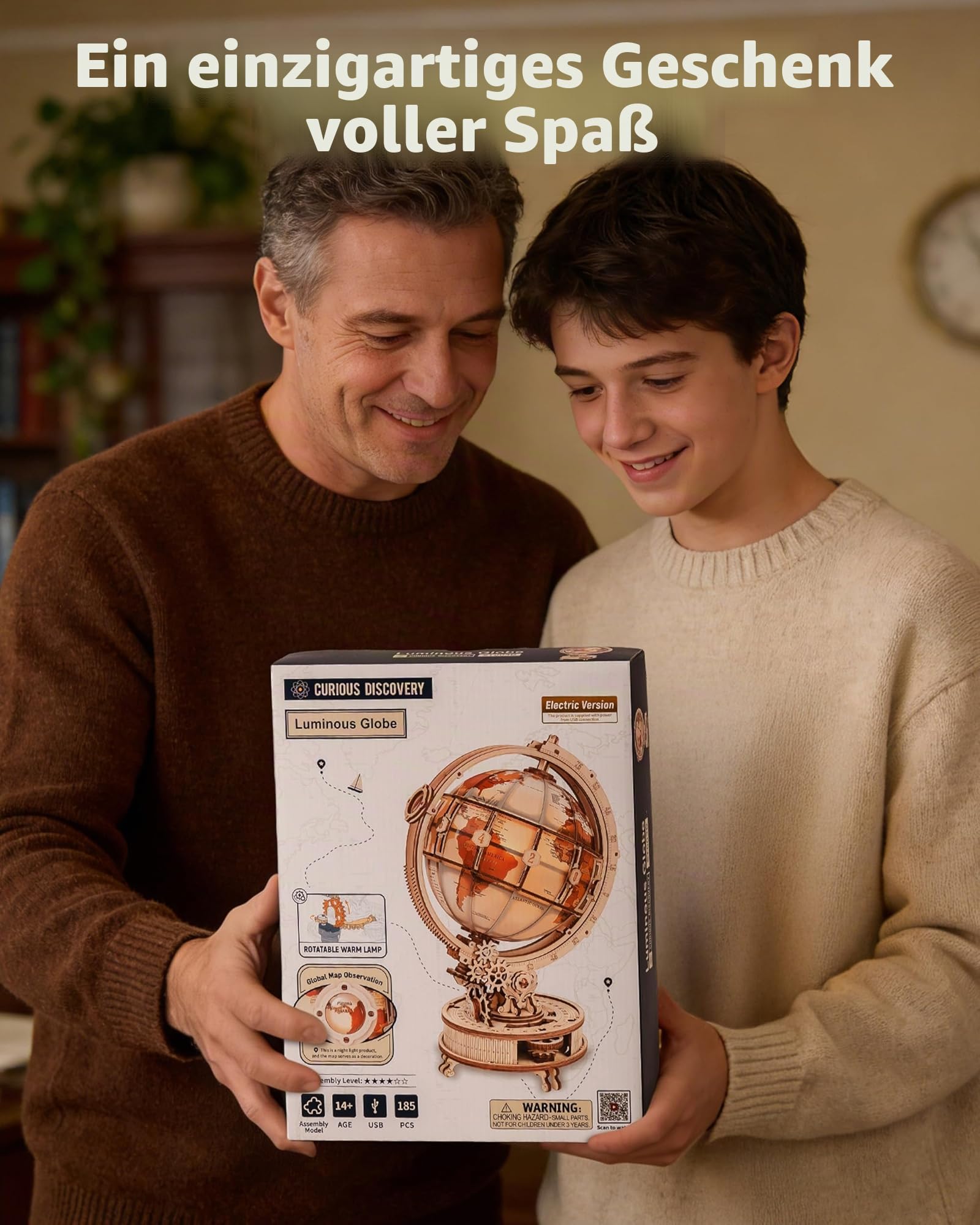 Robotime 3D Puzzle Leuchtender Globus mit LED Licht, Automatisch Drehbarer 3D Holzpuzzle Modellbausatz Erwachsene, Holzmodelle & Bausätze Erwachsene, Nachtlicht, Tischdekoration & Geschenkidee