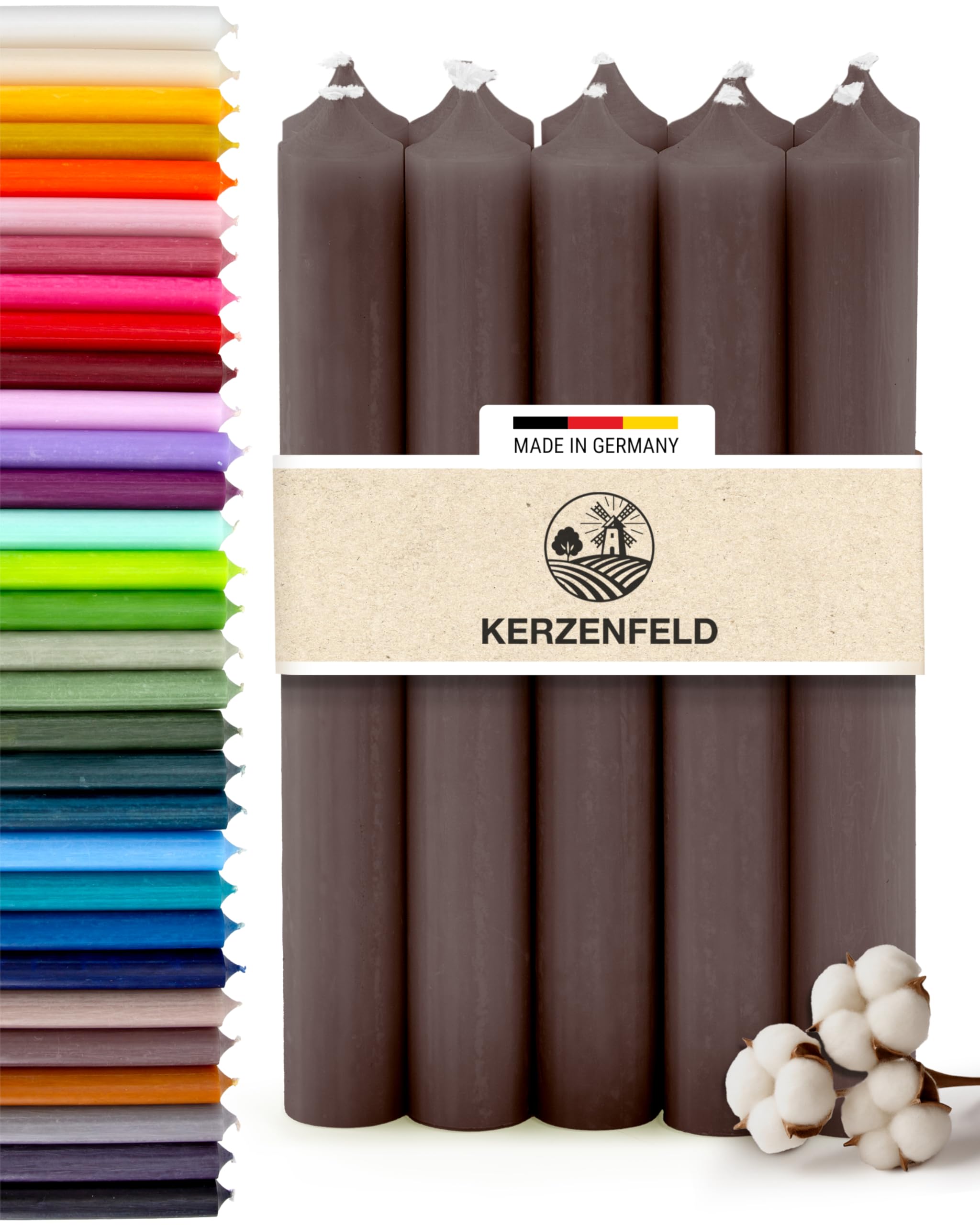 Stabkerzen Braun, 10 Stück, 180mm x 22mm, Durchgefärbte Spitzkerzen, 8+ Stunden Brenndauer, Made in Germany - Ohne Tropfen & Rußen - Unparfümierte und RAL-Zertifizierte Tafelkerzen