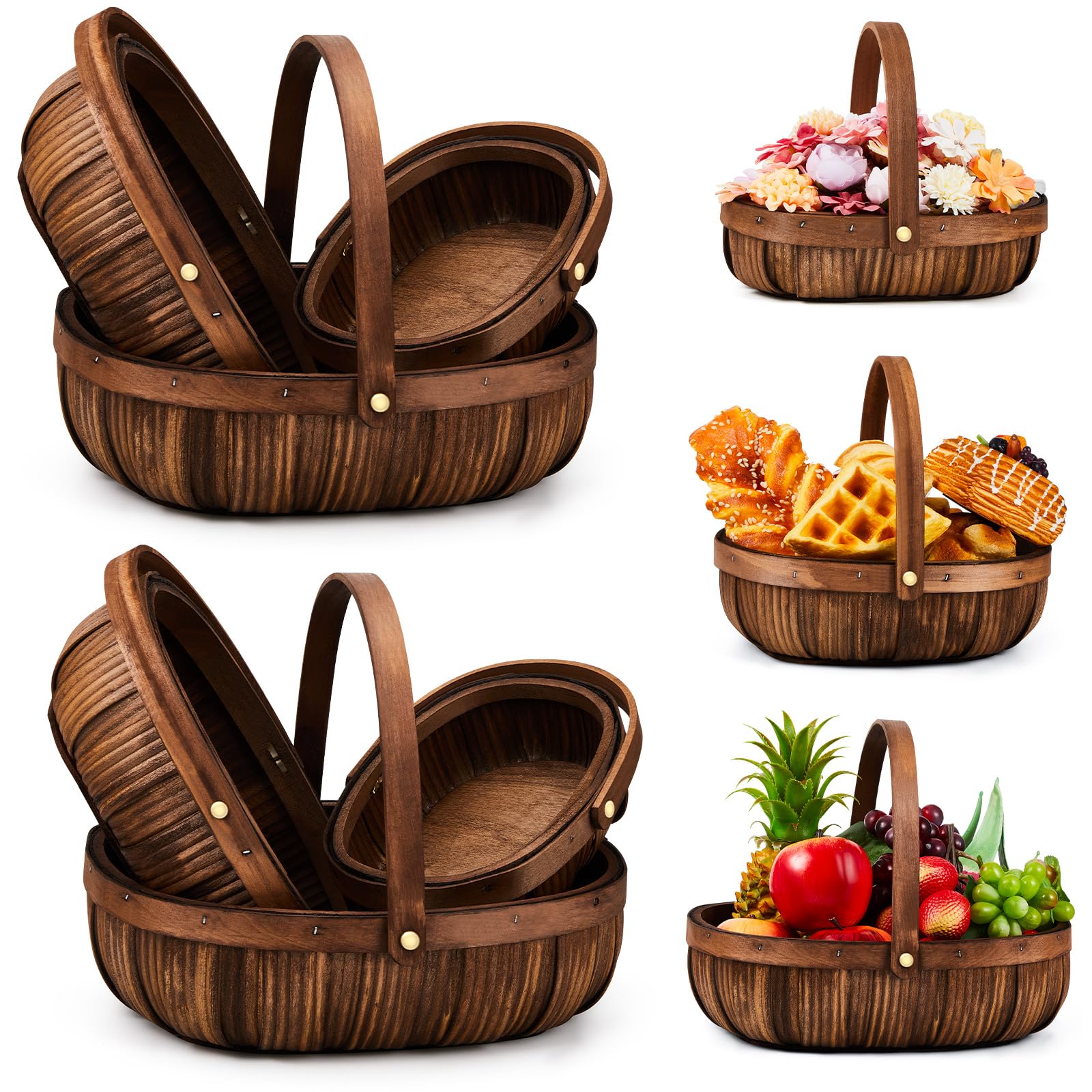 Sintuff 6 Pcs Wicker Bread Baskets Wood Chip Small Picnic Basket with Handle for Gift Packing Woven Garden Baskets for Gathering Fruit Vegetable Berry Baskets Farmhouse Decor, 3 Sizes Serving Baskets
