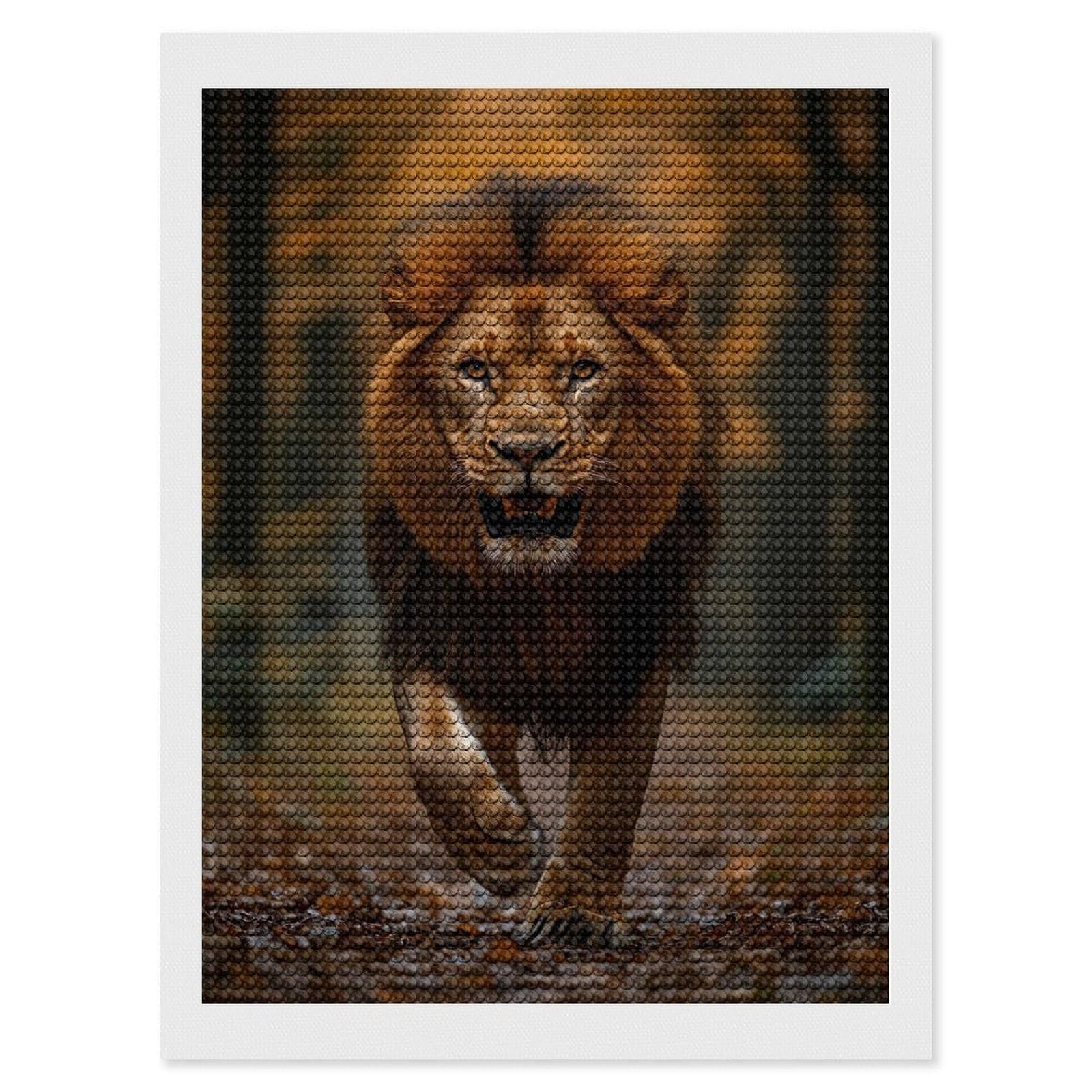 Junmoney Majestic Lion Walking Through Autumn Forest Full Drill Diamond Painting Kit 12"x16", for Teens, Adhesive Canvas, Bedroom Decor, Holiday Gift Idea