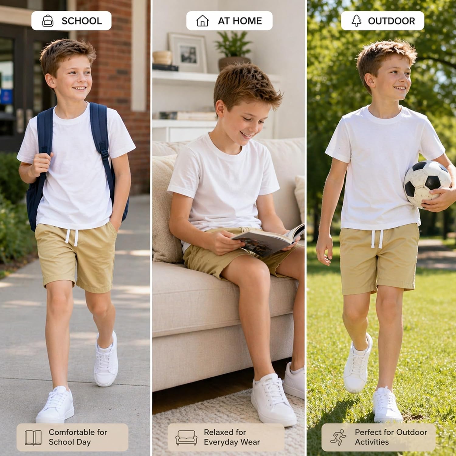 Boys Khaki Cotton Shorts,4 Pack Elastic Waist Drawstring Shorts with Pockets 4-16 Years