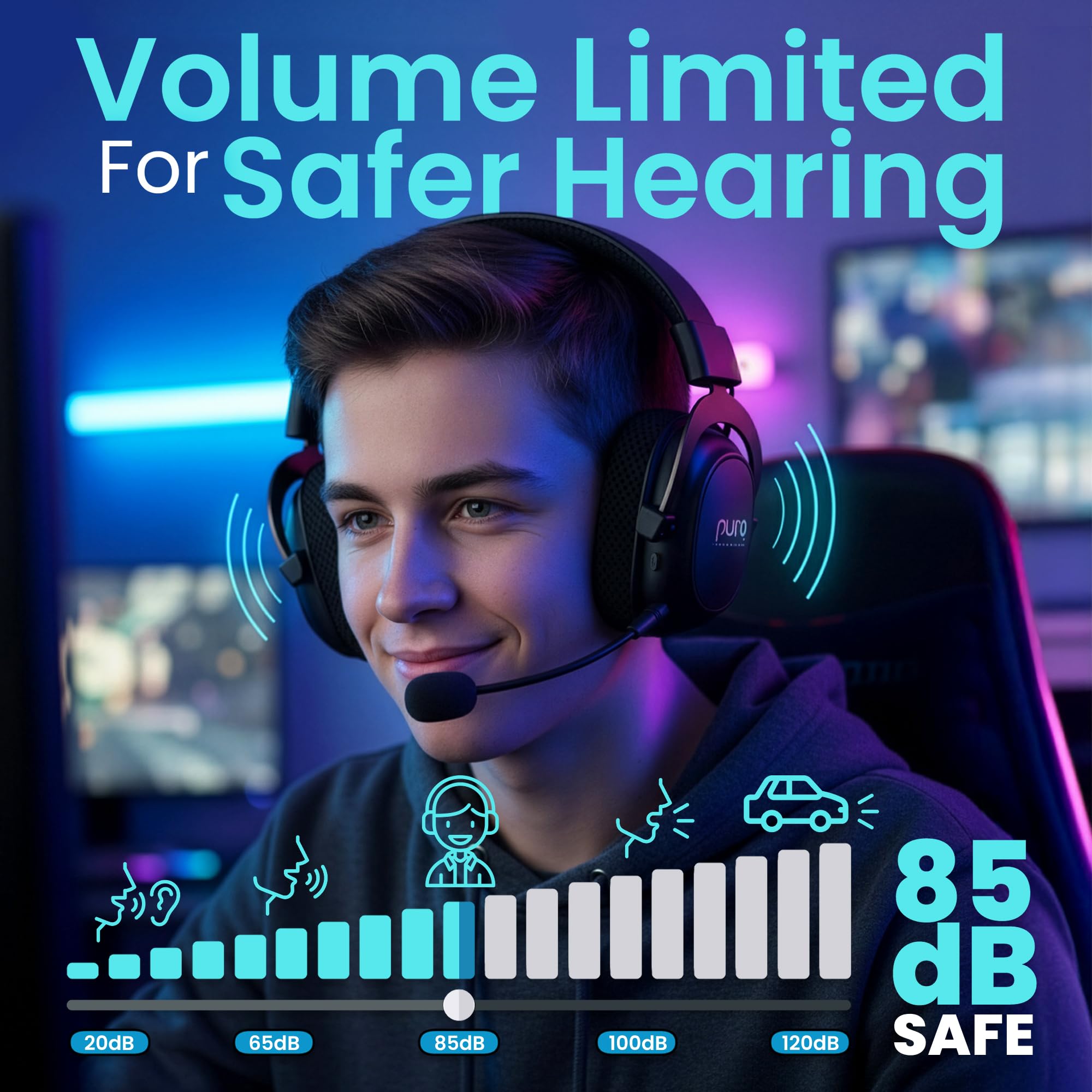 Puro Sound Labs PuroGamer-BT Casque de jeu sans fil, limitation du volume 85 dB, connectivité tri-mode, microphone amovible à 360 °, autonomie de la batterie de 32 heures, faible latence, design