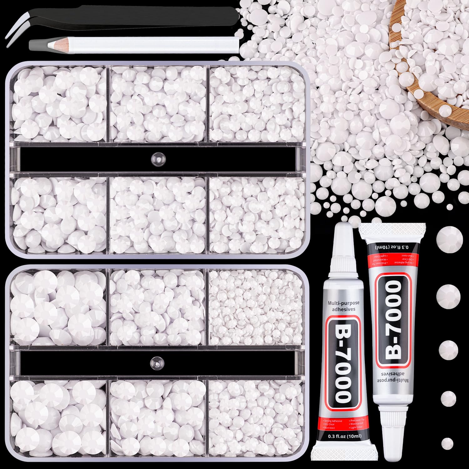 Resin Jelly Rhinestones for Crafting with B7000 Jewelry Glue, 2 Boxes White Flatback Crystals with 2Pcs 10ml Glue, Bedazzling Non Hotfix Gems for DIY Tumblers Clothing Shoes Manicure