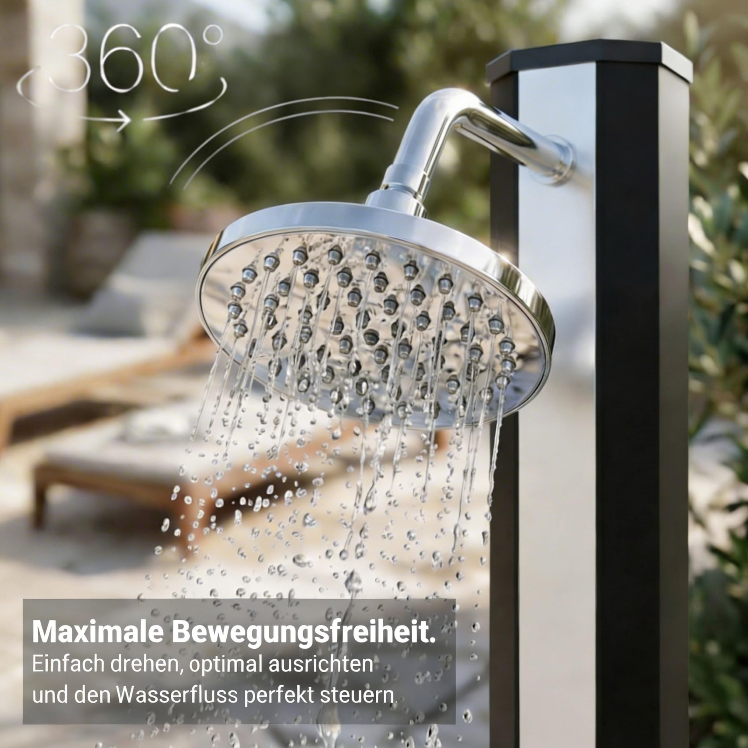 novaterra® Doccia solare nero/argento con serbatoio da 60 l, doccia da giardino con elemento a pavimento, soffione a pioggia, doccia a piedi, copertura protettiva e vassoio – Sistema doccia per