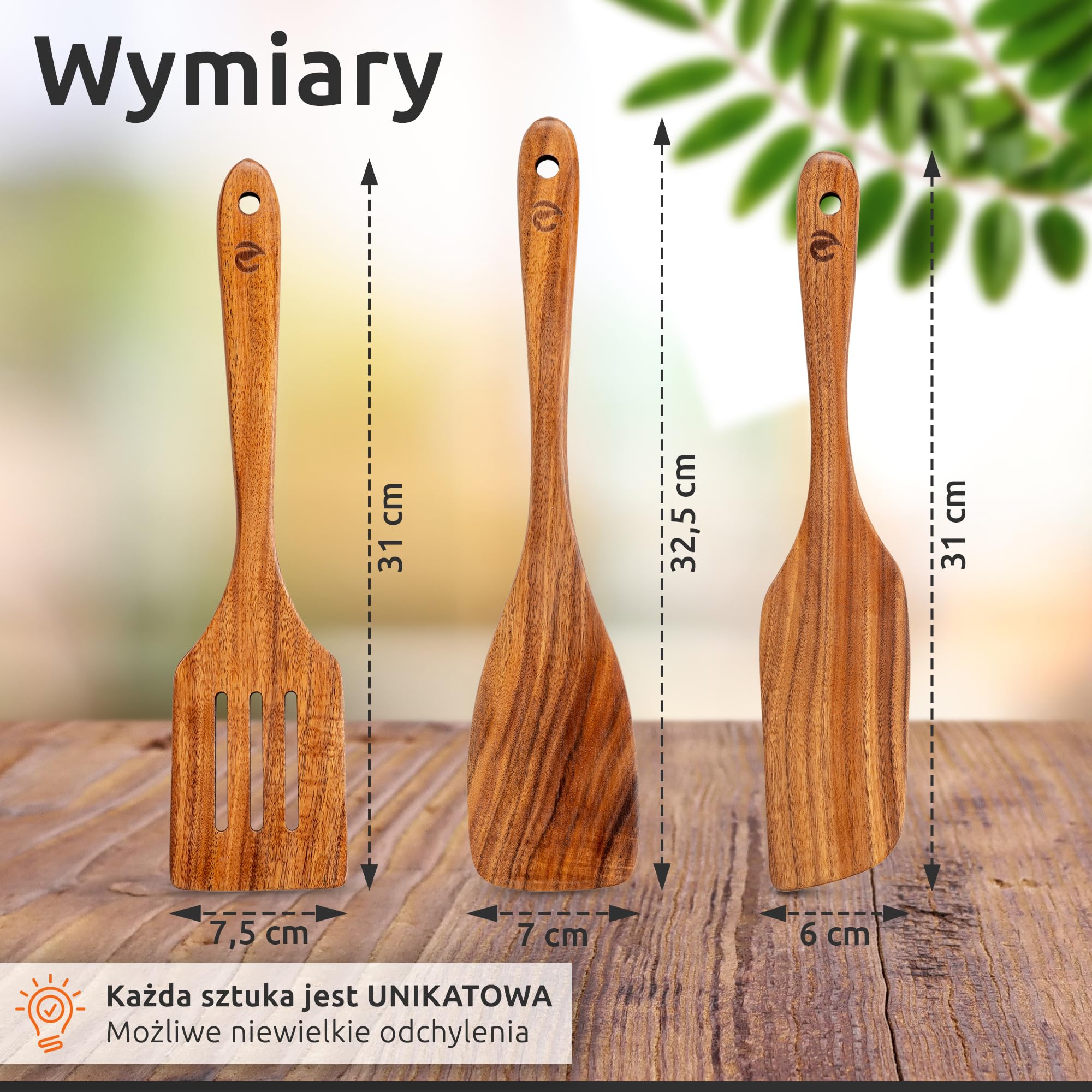 ECENCE Zestaw Łopatek z Drewna Akacjowego - 3-częściowy Zestaw Przyborów Kuchennych - Drewniane Łopatki Odporne na Ciepło - do Patelni Nieprzywierających i Garnków z Powłoką
