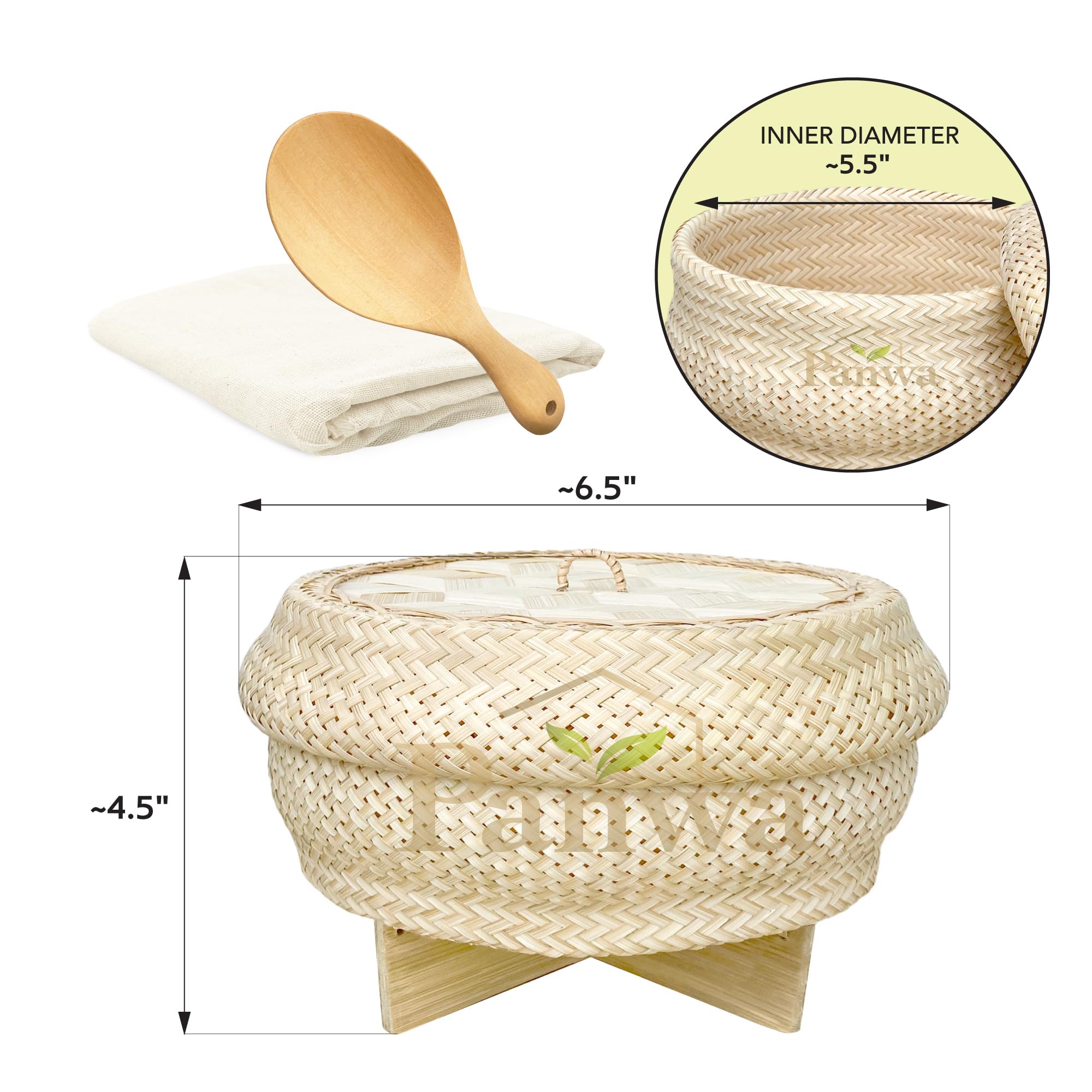 Ręcznie wykonany w 100% naturalny tajski bambusowy lepki ryż "zestaw do gotowania na parze elektrycznej", mała wkładka do garnka ~ 16 cm, ciosana trzcina wiklinowa pokrywka, filtr do gazy 40 cm