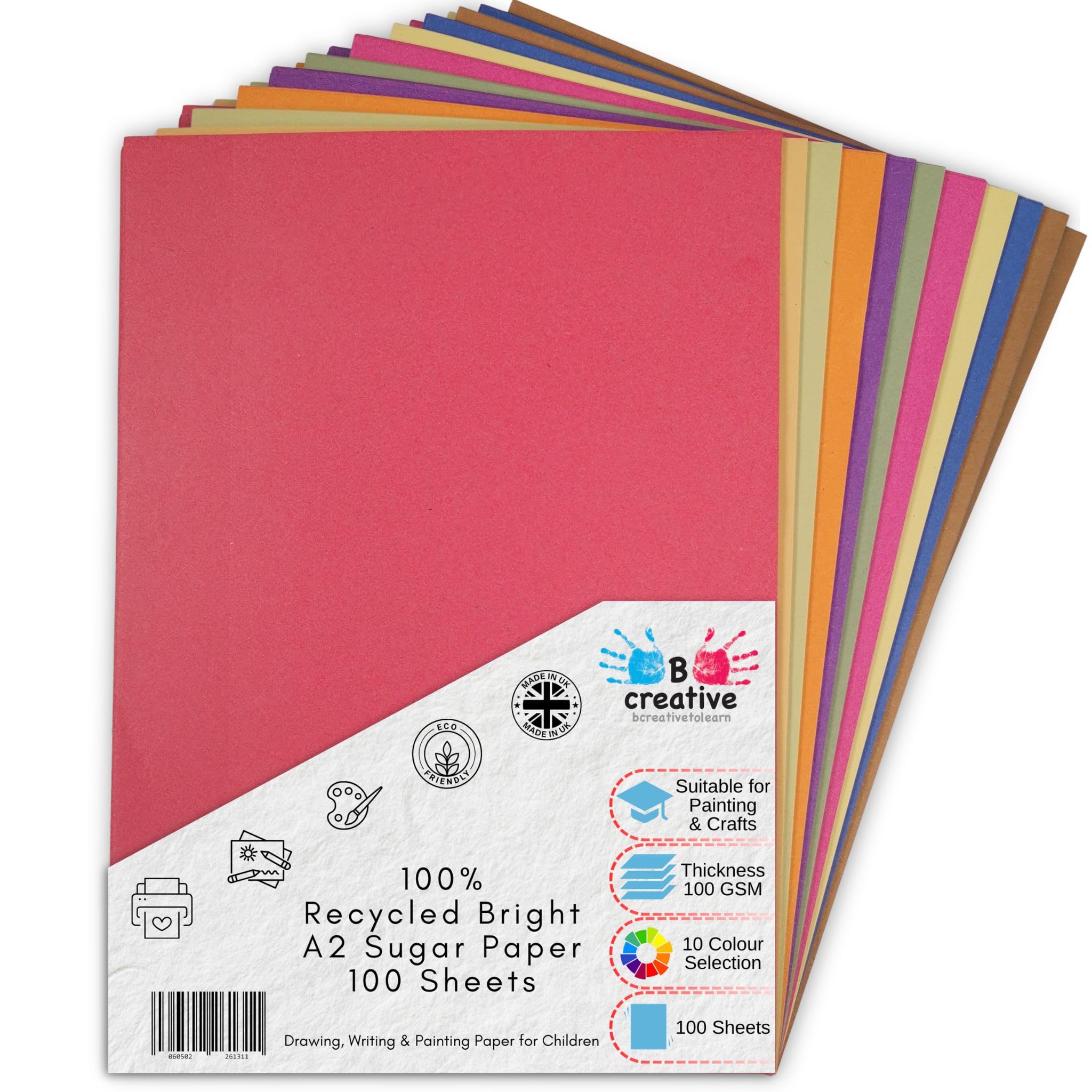 Be Creative Lot de 100 feuilles de papier de sucre recyclé A2 59,4 x 42 cm 100 g/m² - 100 feuilles de 10 couleurs vives assorties pour arts, artisanat, dessin et scrapbooking