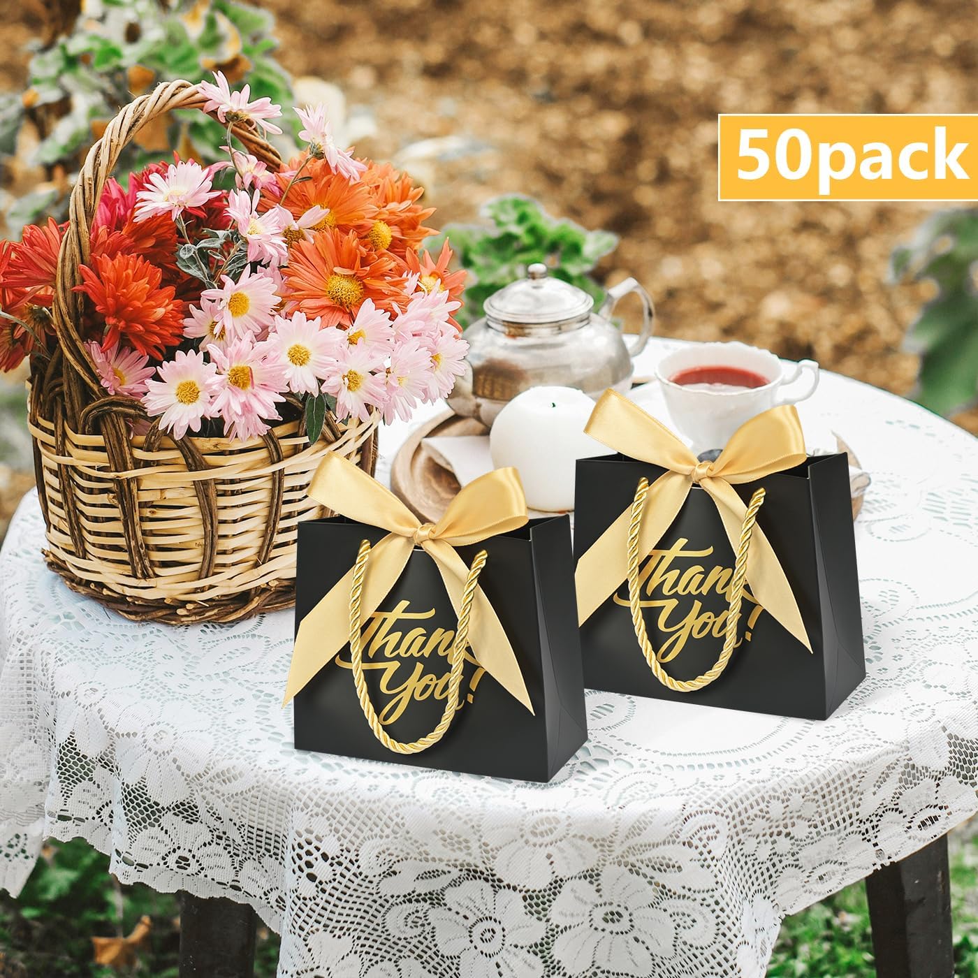 50Pack Small Thank You Bags with Handles, Party Favor Bags 5.5x2.3x4.7 Inches Small Pink Gift Bags with Handles, Mini Paper Candy Bags with Pink Ribbon for Wedding Baby Shower Birthday - Image 2