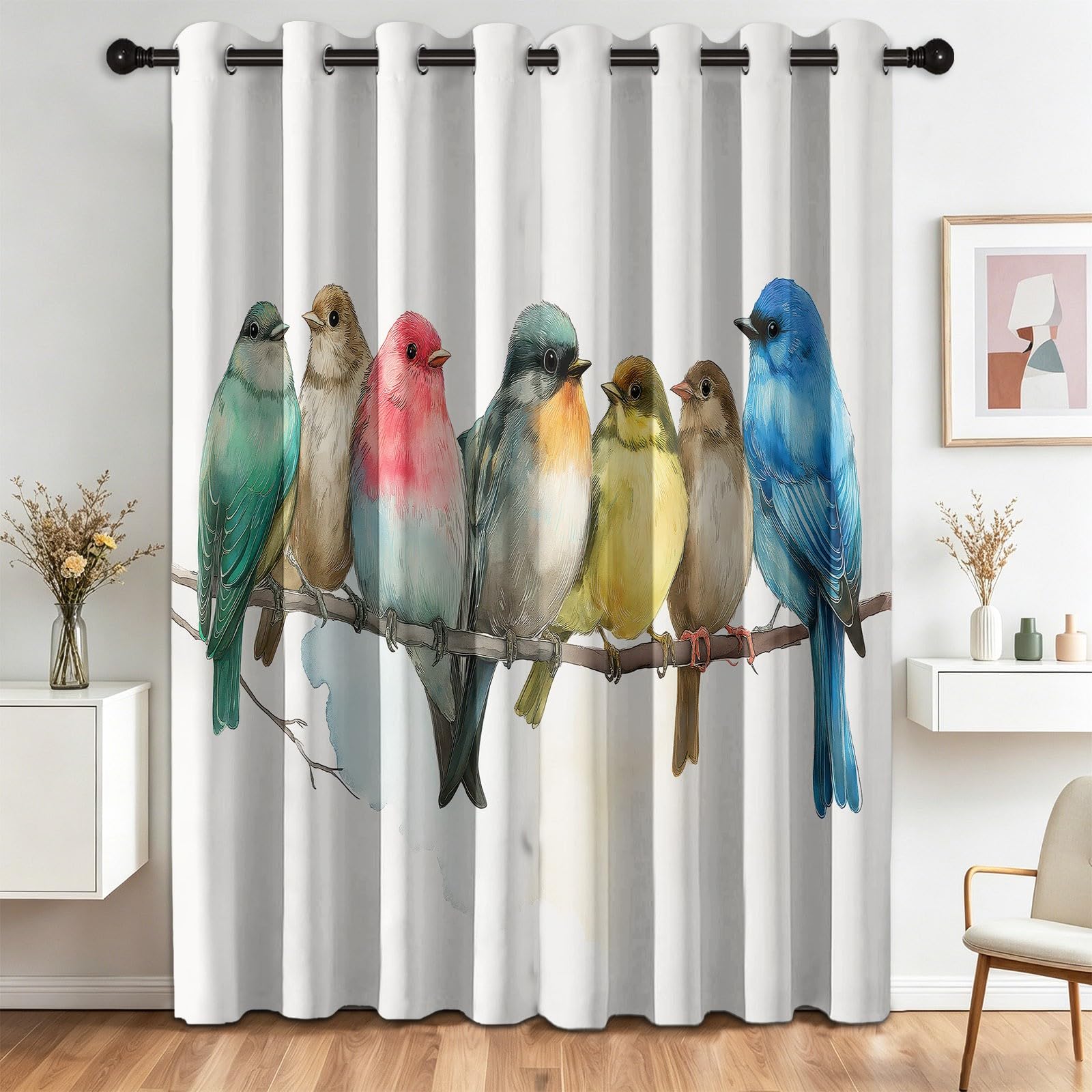 Rideaux occultants aquarelle oiseaux 75x166cm lot de 2 pour la chambre