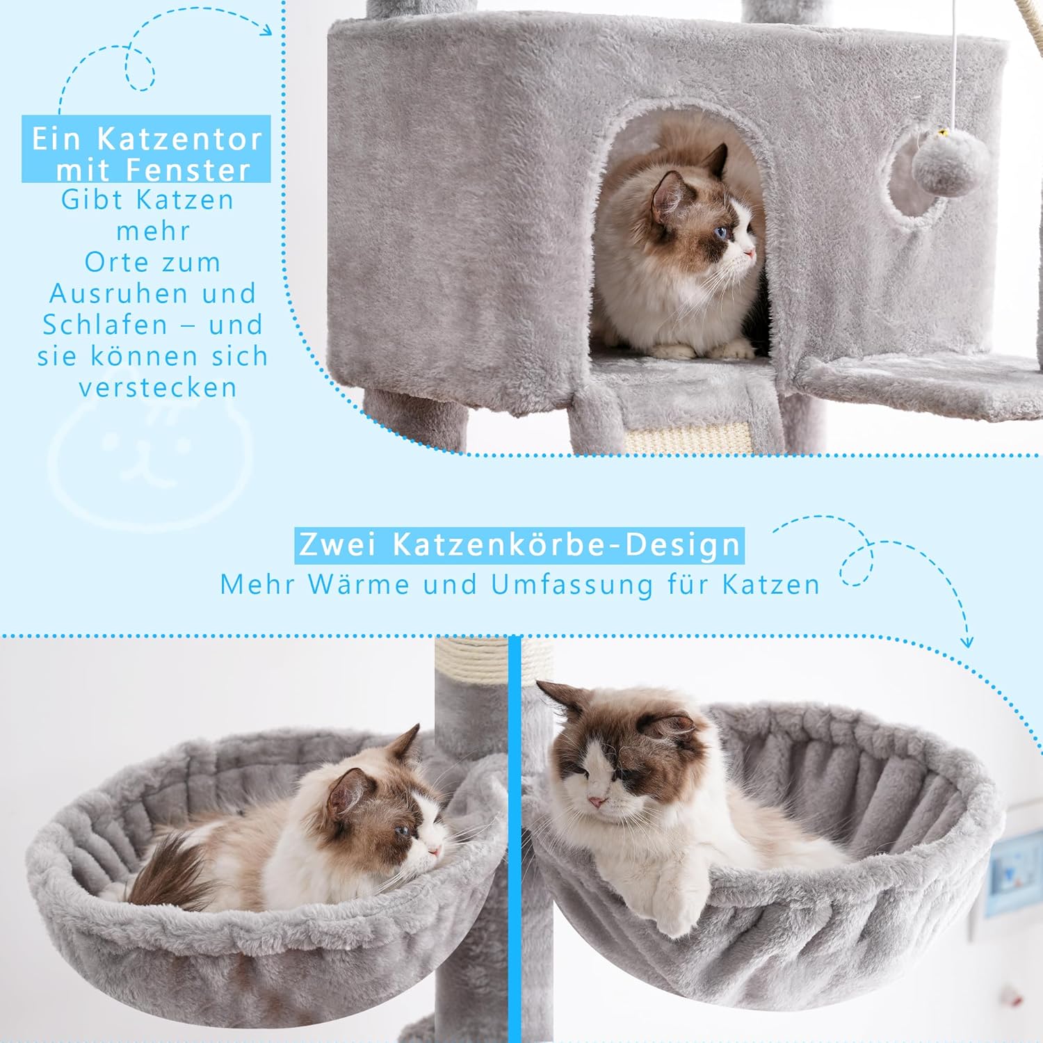 Close-up of the cat cave and one of the cat baskets