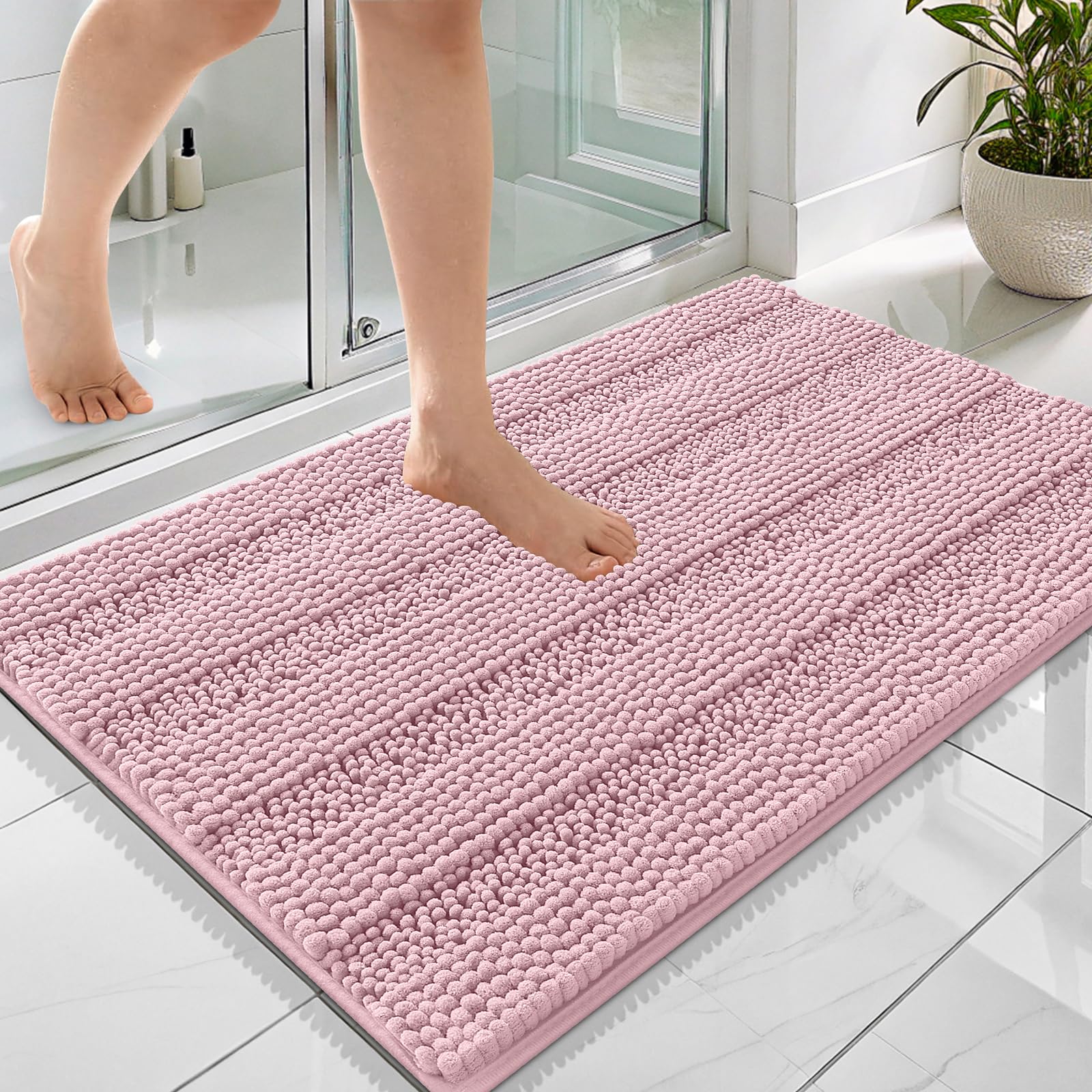 OLANLY Thick Bathroom Rugs 36x24, Chenille Striped Bath Rugs, Dusty Rose