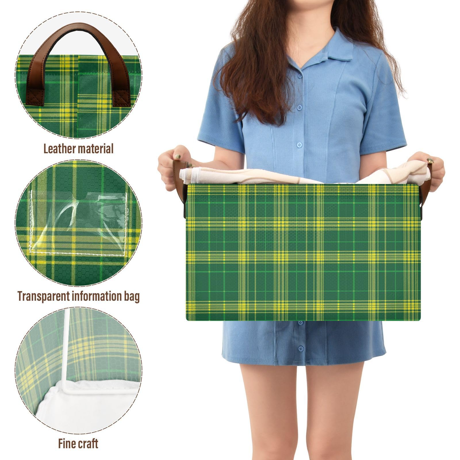 KLL Zielony żółty kosz w kratę do przechowywania z uchwytami organizer pojemniki do przechowywania do sypialni, salonu, łazienki, półek, 2 szt. cajas de almacenamiento para closet