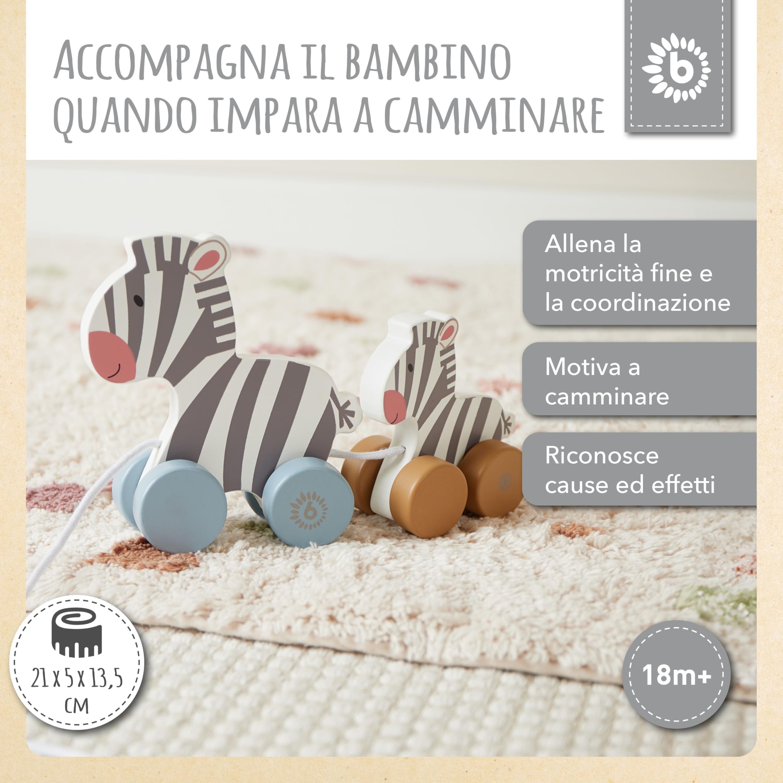 Bieco Giocattolo da Tirare in Legno - Carino Animale Zebra per Bambino a partire da 1 anno - Famiglia zebra