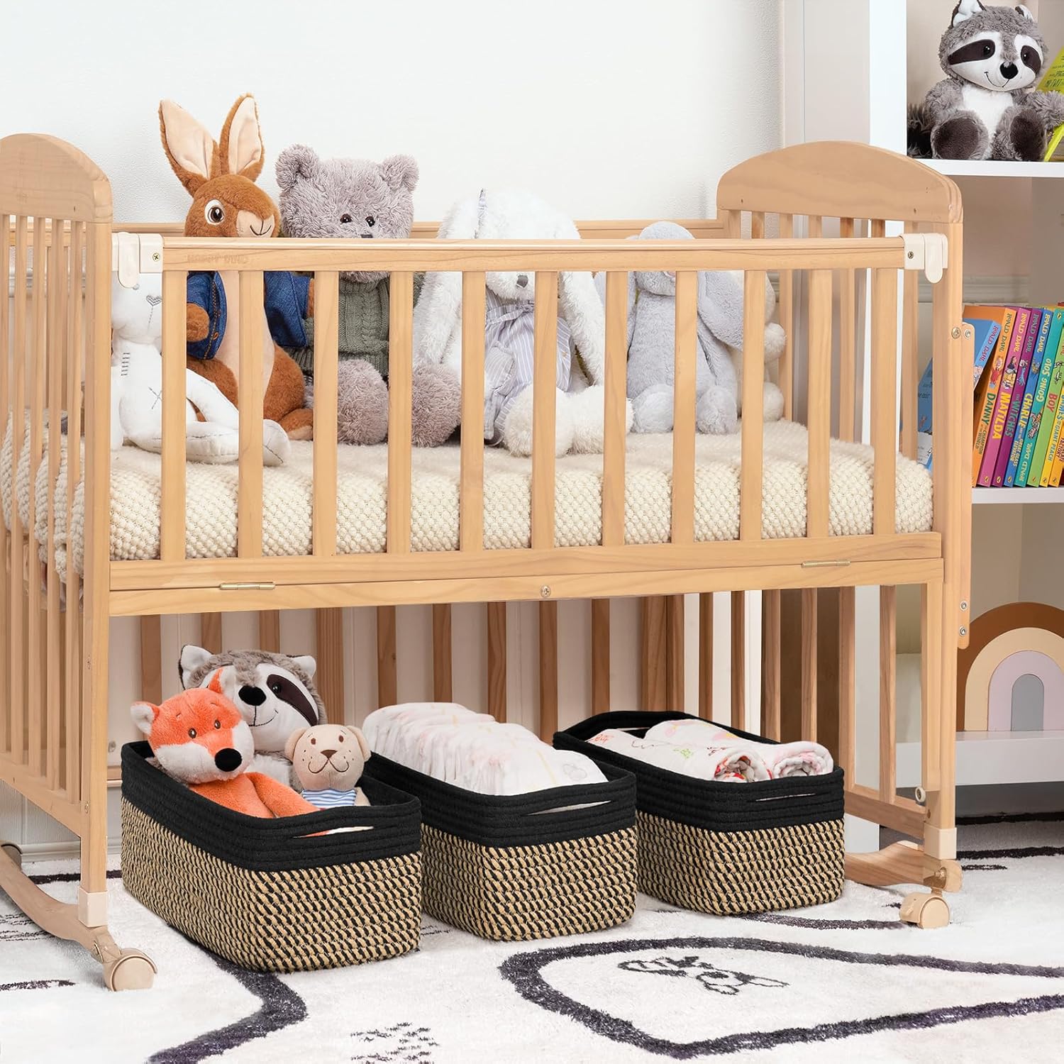 Goodpick Storage Baskets, Shelf Baskets for Organizing Dog Toy Basket Closet Organizer Bins Nursery Woven Basket for Storage Cube Decorative Box 3 Pack, Black & Jute, 13 x 8 x 5 in