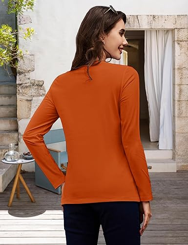 Miniatura 6 de MAGCOMSEN Camisetas de manga larga con cuello en V para mujer, básicas de algodón, camisetas casuales de ajuste clásico, suaves y transpirables