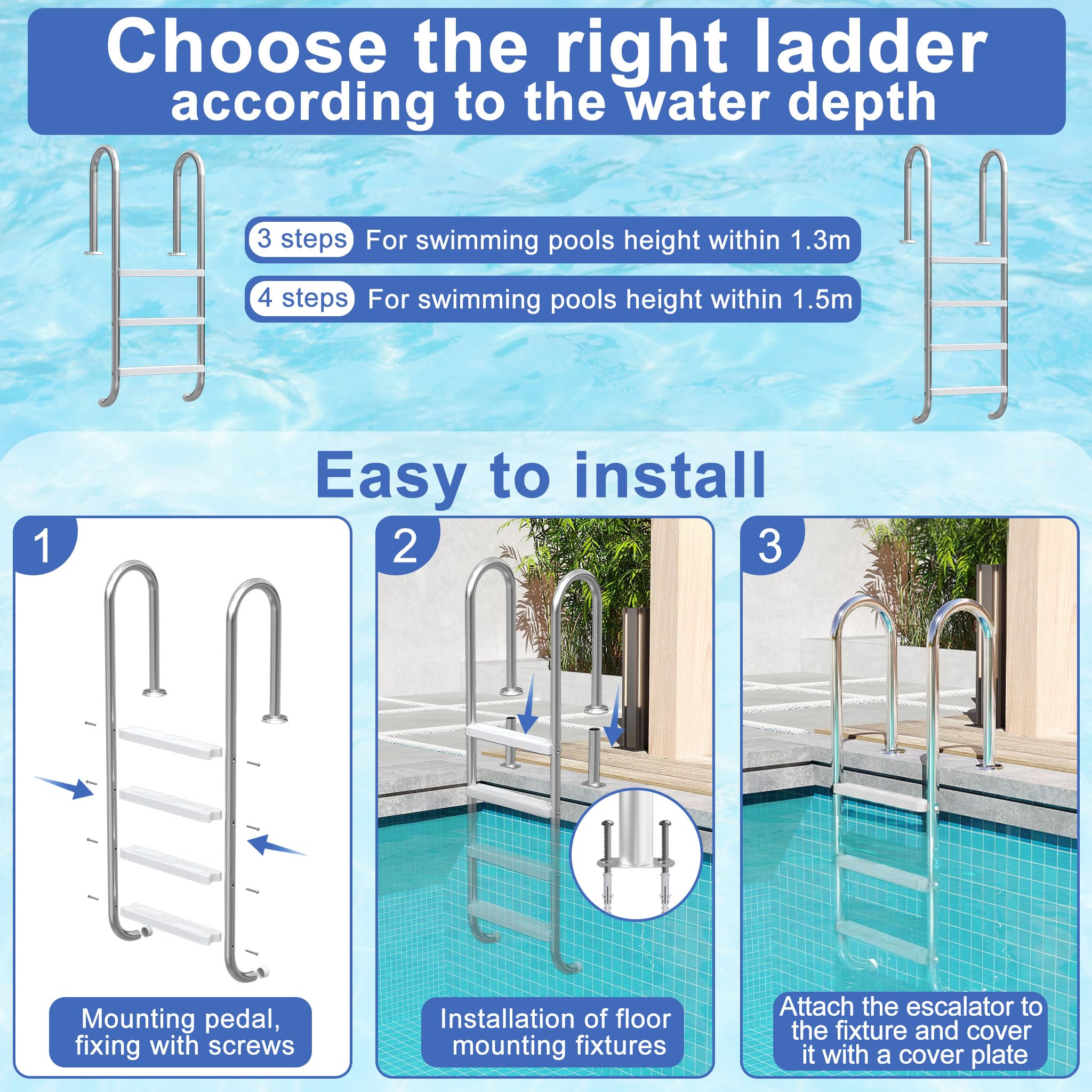 UISEBRT Échelle de piscine en acier inoxydable 304 | Échelle de piscine à 3 marches | 132 x 54 x 26,5 cm - Argent | Échelle de piscine avec antidérapant | Échelle d'accès pour piscine et bassin |