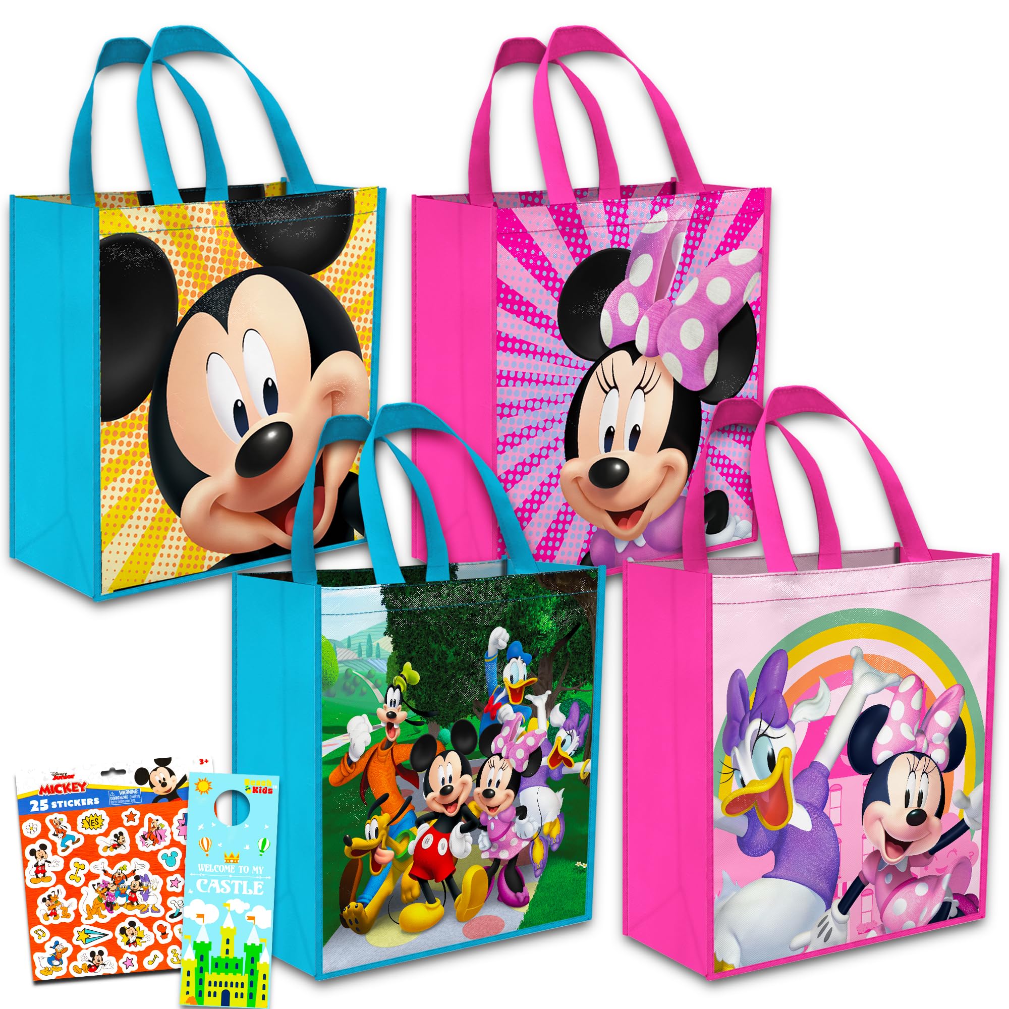 Disney Mickey Mouse and Minnie Mouse Reusable Tote Bag Set with Stickers - Pack of 4 (Mickey and Minnie Tote)