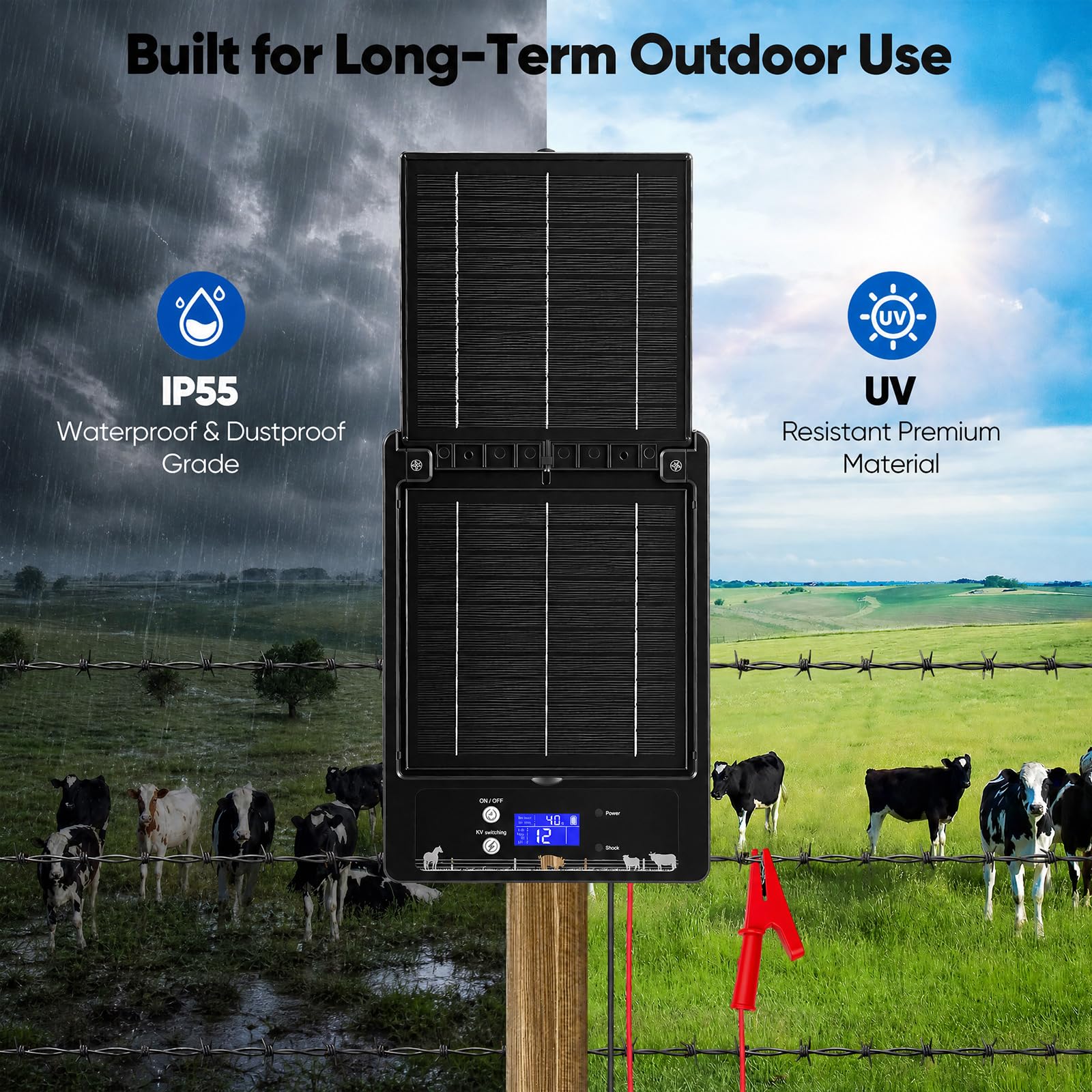 Pastor Eléctrico Solar con Panel Solar Plegable Dual, 16 KM de Alcance, 0,3-2J, 6KV-12KV Ajustable, Batería de Litio 18000mAh, IP55, Electrificador para Aves de Corral, Ganado