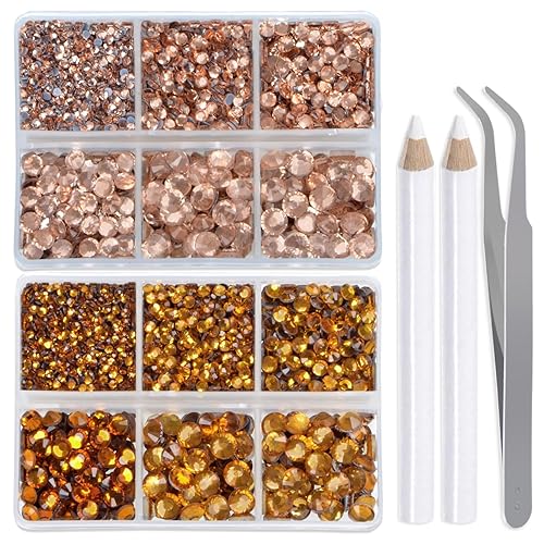 LPBeads 6400 diamantes de imitación termoadhesivos de topacio y champán, parte trasera plana, 5 tamaños mixtos, gemas de cristal redondas con pinzas