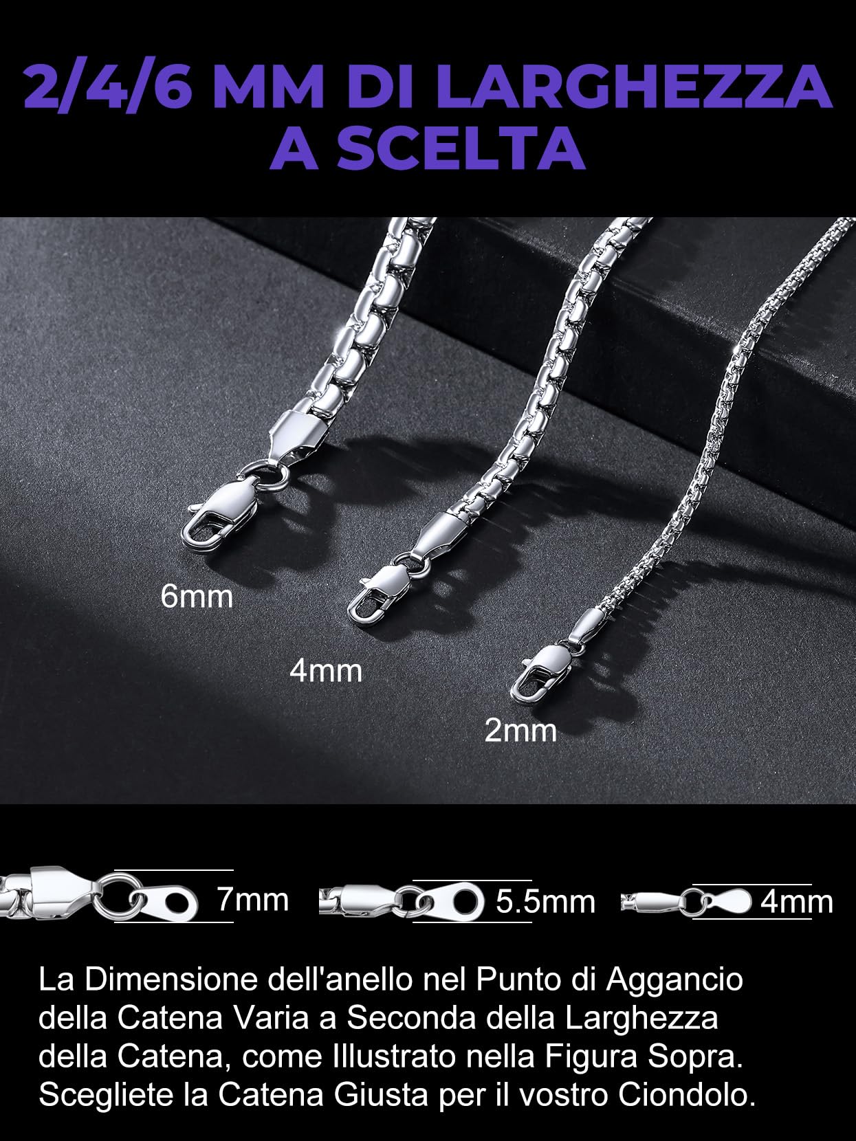 Richsteel 2/4/6MM Collana Uomo Donna a Maglie Veneziana in Acciaio Inossidabile, Catena Briolette Argento/Oro/Nero Lunghezza 35-76CM