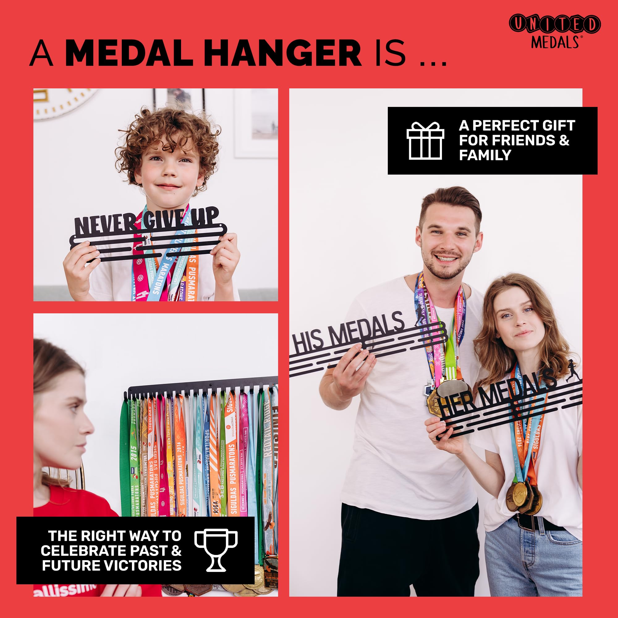 Colgador de medallas, en blanco con estante de bambú blanco