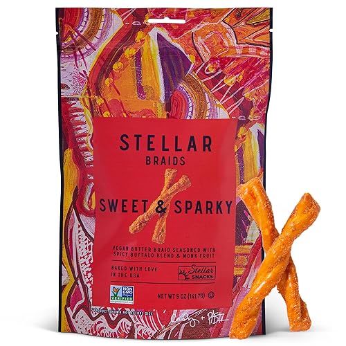 Vista 10 de Stellar Snacks Trenzas de pretzel, cebolla y ajo asados atrevidos y herbáceos, 5 onzas (paquete de 6), palitos de pretzel gourmet, vegano, kosher