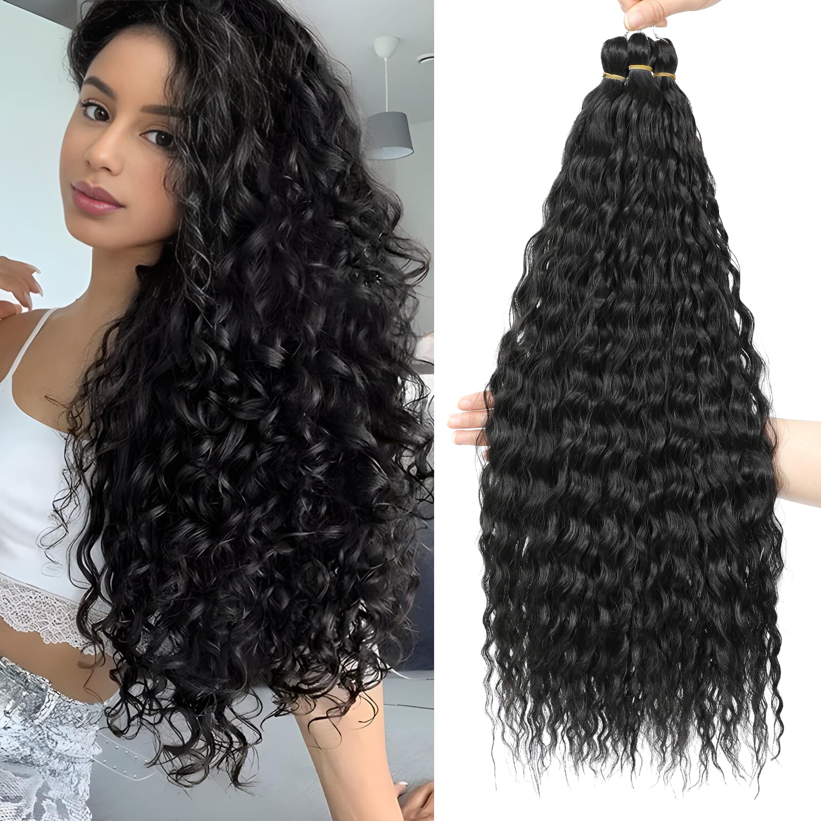 FANLUTYIN 22 Inch Curly Crochet Braiding Hair 3 Packs Ocean Wave Crochet Hair Extensions Deep Wave Synthetic Braiding Hair Curls Hair Twist Water Wave Braided Hair (1B