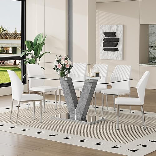 Miniatura 17 de Juego de mesa de comedor de cristal moderno de 71 pulgadas para 6, juego de mesa de comedor de 7 piezas con sillas y mesa de vidrio templado de