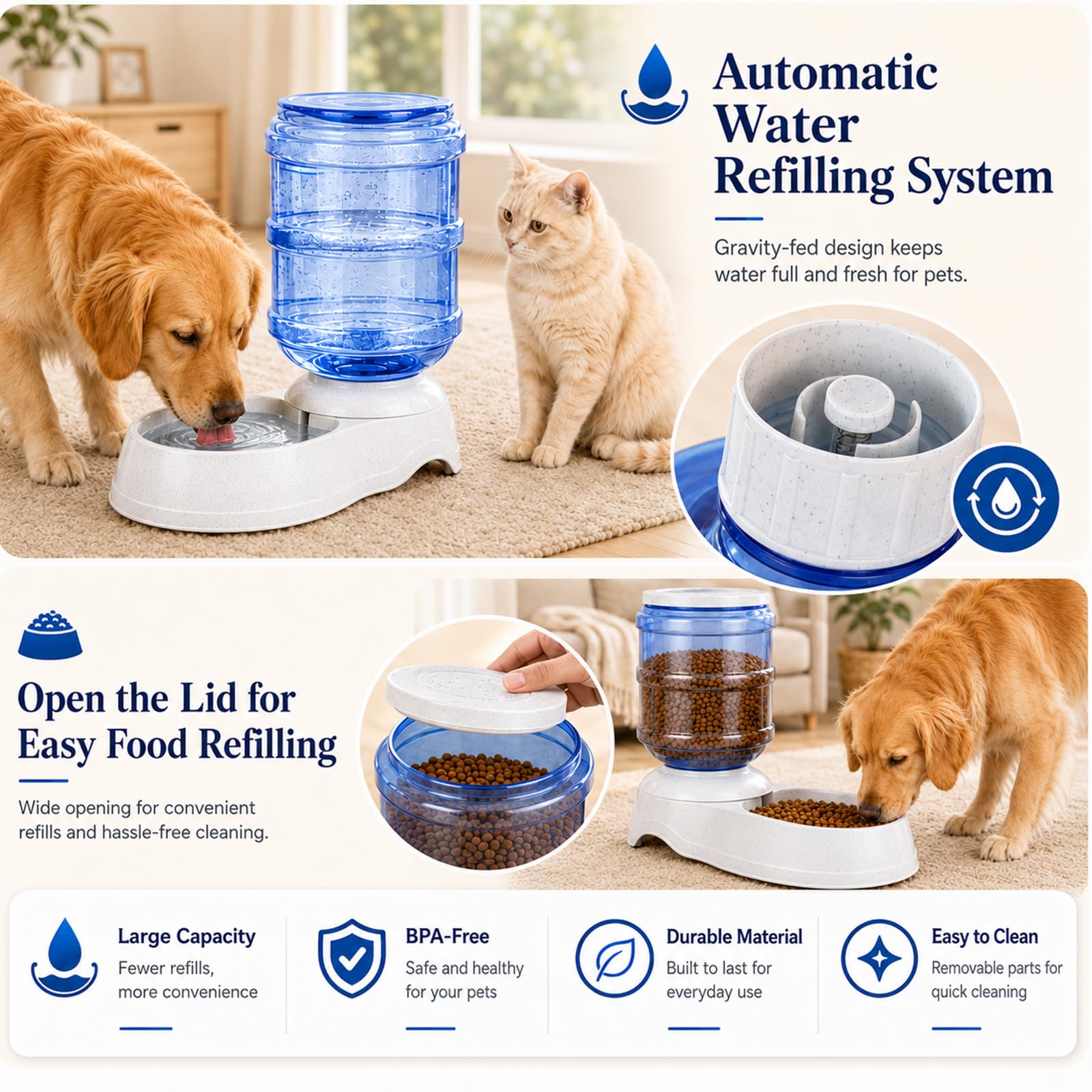 Juego de comedero automático para perros y dispensador de agua para perros grandes, juego de dispensador de comida y agua de 3 galones con cuenco de comida para mascotas, estación dispensadora de agua