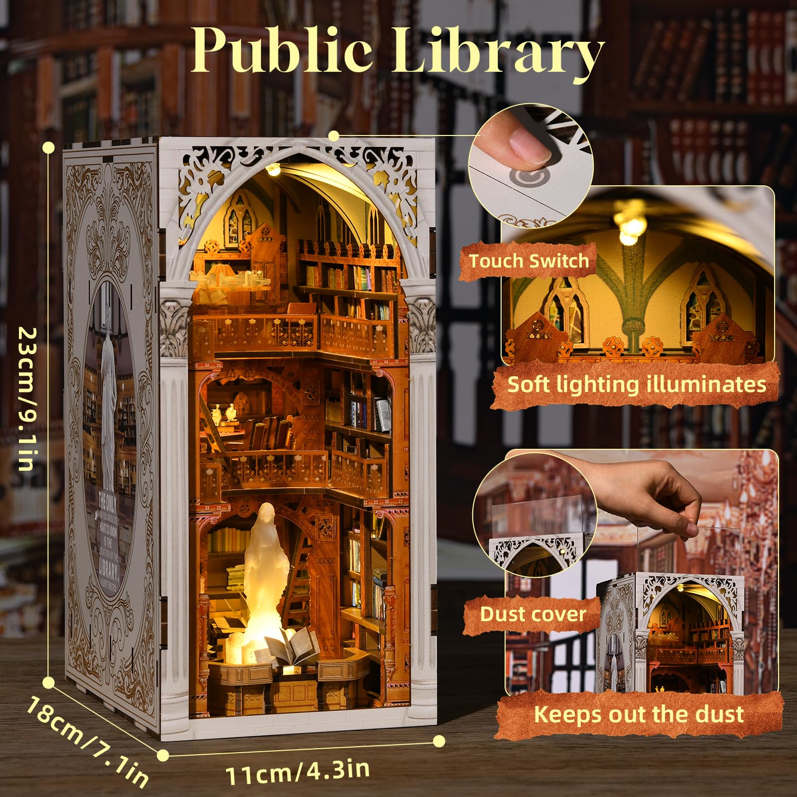 MiniCity Book Nook Kit, kit fai da te in miniatura per casa delle bambole in legno 3D, supporto per libri e libri, decorazione con luce LED per ragazzi e adulti (libreria pubblica)