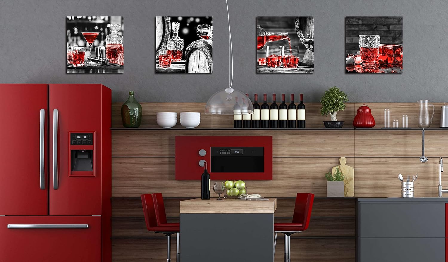 Red Kitchen Wall-Art - Wine Decor For Kitchen - Whiskey Dining Room Wall Decor - 4 Pieces Canvas Wall Art For Living Room Size 12x12 Inches
