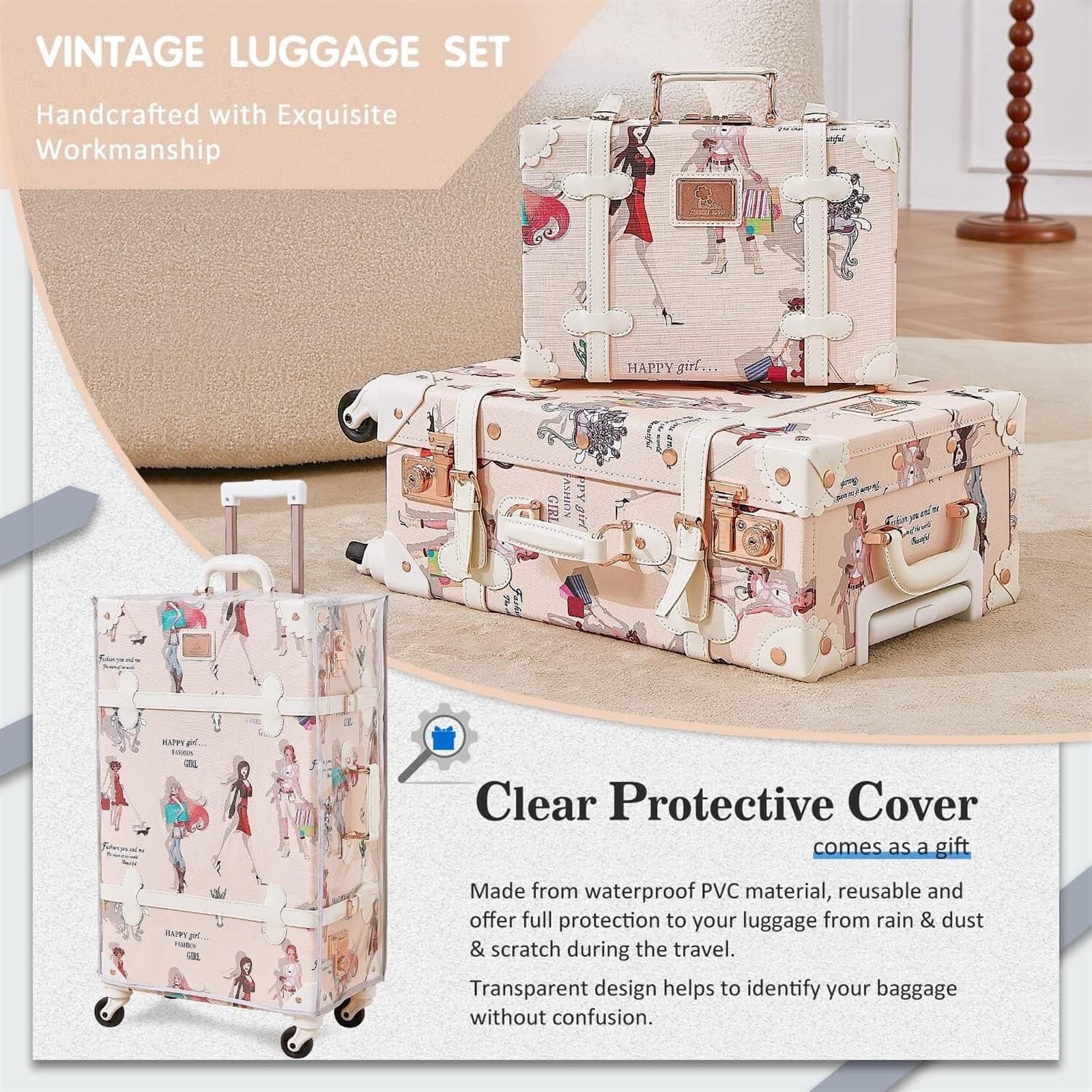 Bagaglio Set di Valigie Vintage da 2 Pezzi, Simpatico Bagaglio da Viaggio con Borsa da 12 Pollici, Lato Rigido in Finta Pelle Valigia da Viaggio(26"+12")