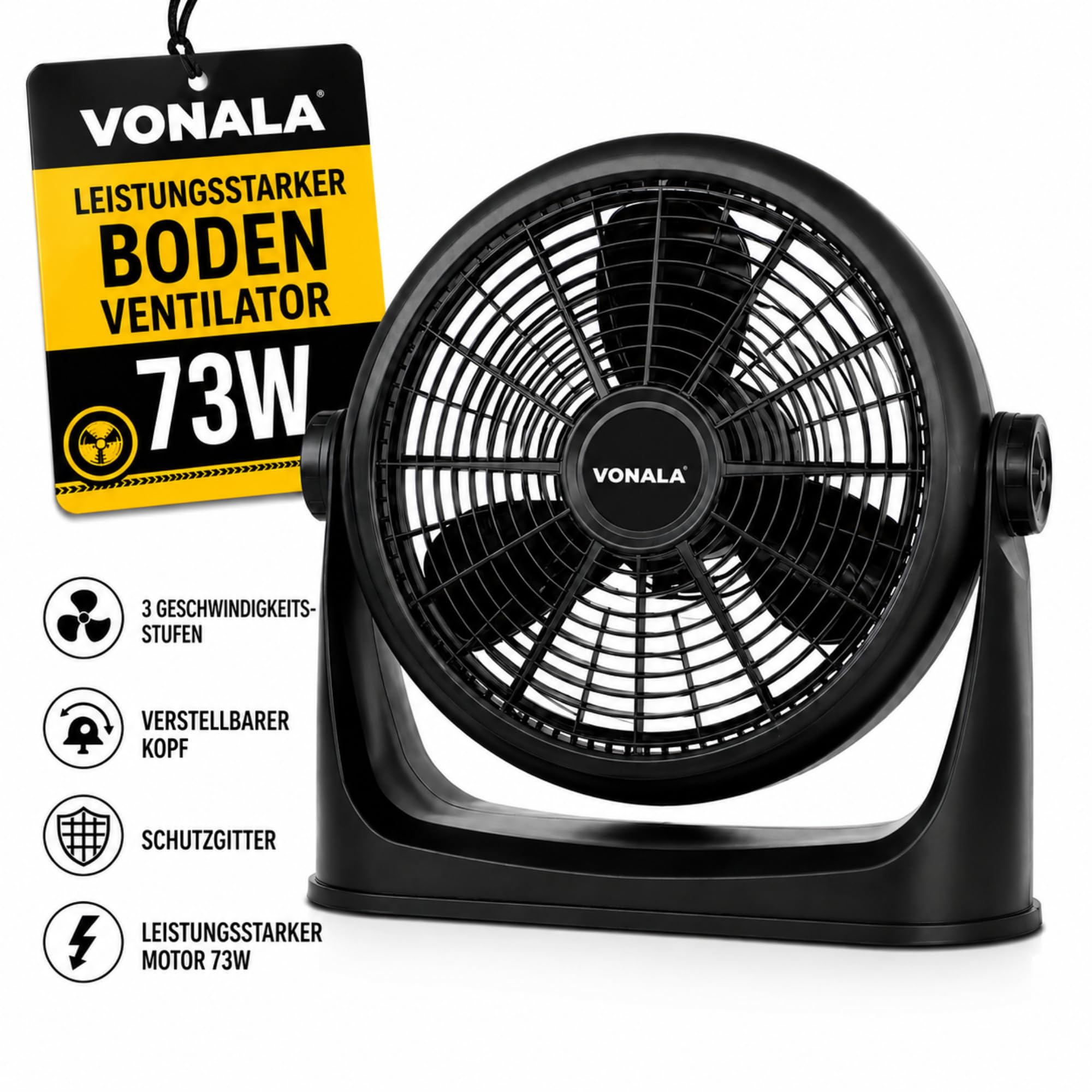 Vonala Industrieller Boden- und Wandventilator, leistungsstark, 50 cm, leise, ABS, vibrationsfrei, für den Außen- und Innenbereich, schwarz, leistungsstark, leise, 73 Watt