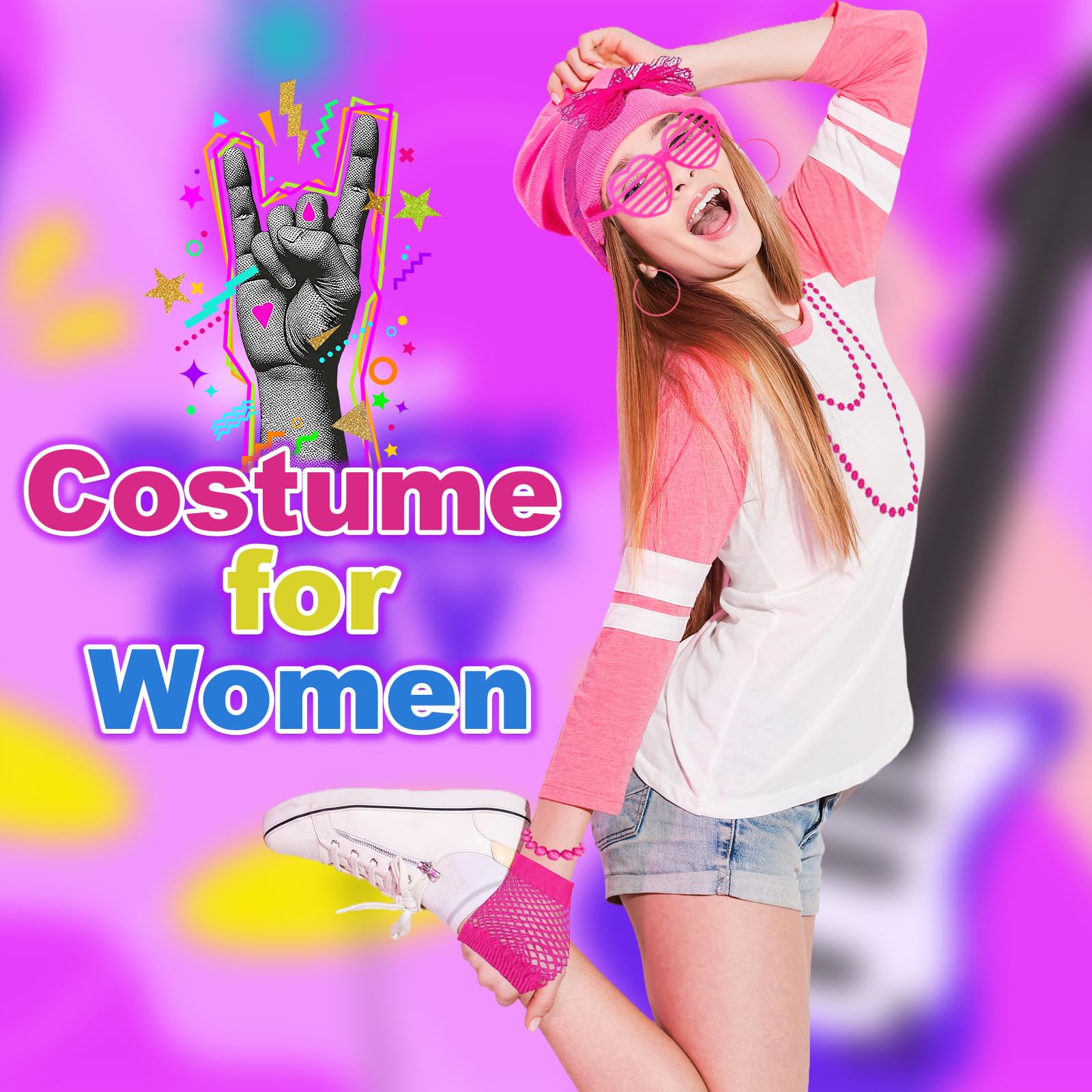 GMHLLES 19PCS 80S Fancy Dress for Women 80 s 90s Party Costume Accessories Neon Clothes with Lace Headband Earrings Necklace for Retro Parties Hen Do Parties - Image 2