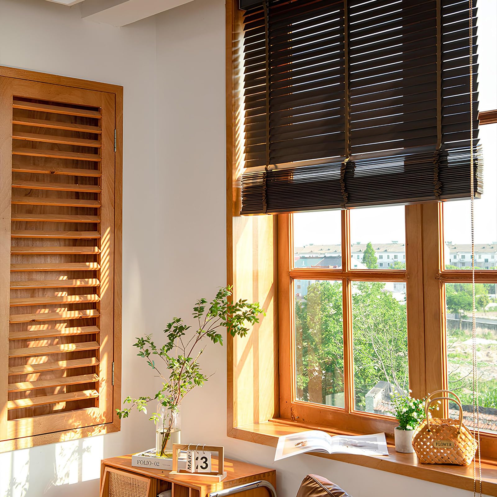 Schwarz Holz Jalousie, 5cm Jalousette Echtholz, Sonnen-, Sicht-Schutz Usw, Wand- Und Deckenmontage Für Fenster & Tür(130Bx130Hcm)