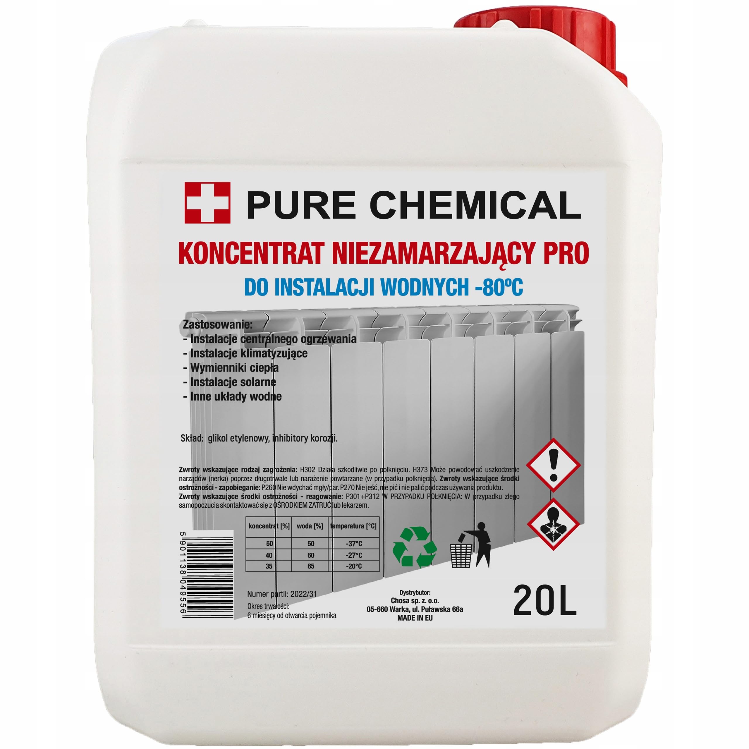 CHOSA Antigelo Concentrato per Sistemi di Riscaldamento e Raffreddamento 20 l - Protezione Corrosione - Alte Prestazioni - Per Pompe di Calore e Termocamini, -80°C, Tanica HDPE 20 litri