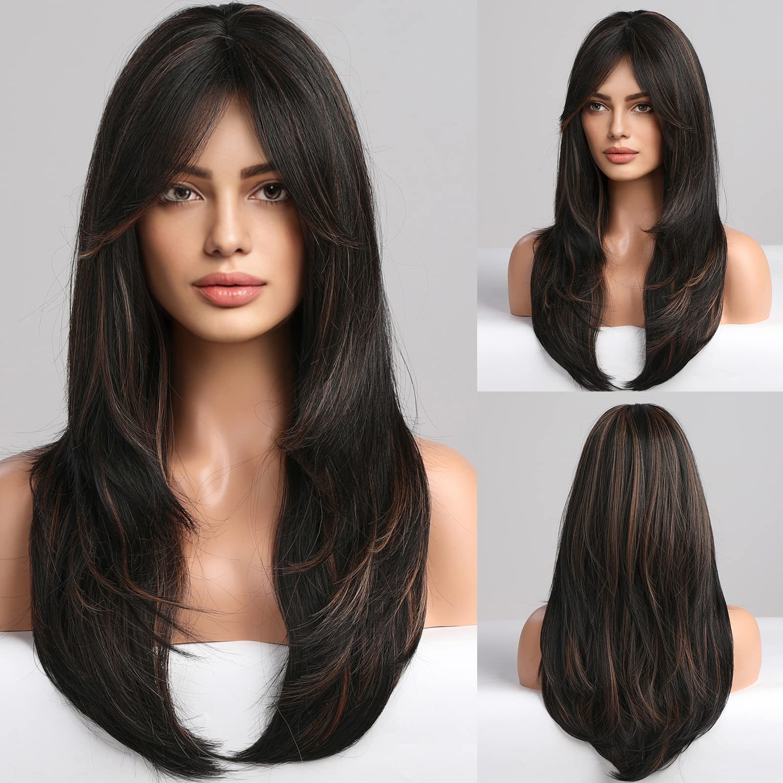 HAIRCUBE Black Wigs for Women,Long Layered Black with Blonde Highlight Wigs with Bangs Heat Resistant Synthetic Fibre Wigs(pelucas de cabello natural)