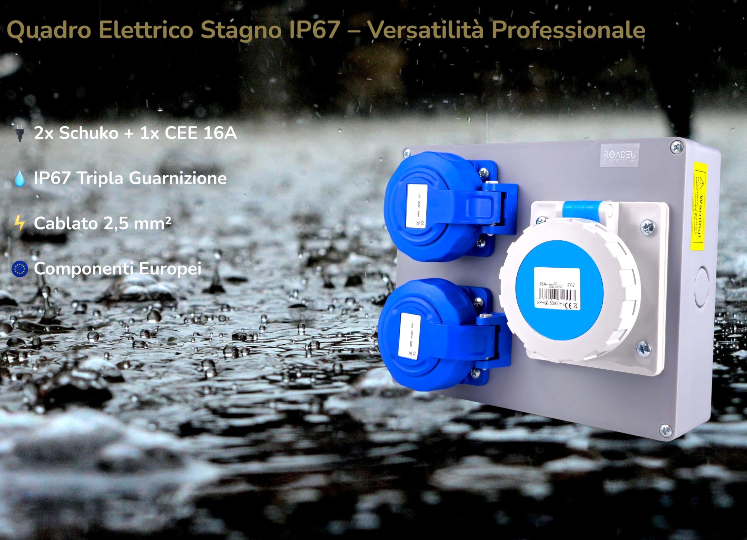 RoadEu – Quadro di Distribuzione Stagno IP67 | 2x Presa Schuko 230V + 1x Presa Industriale CEE 16A 3P | Scatola da Parete Pre-cablata 2,5 mm² per Esterno e Cantiere