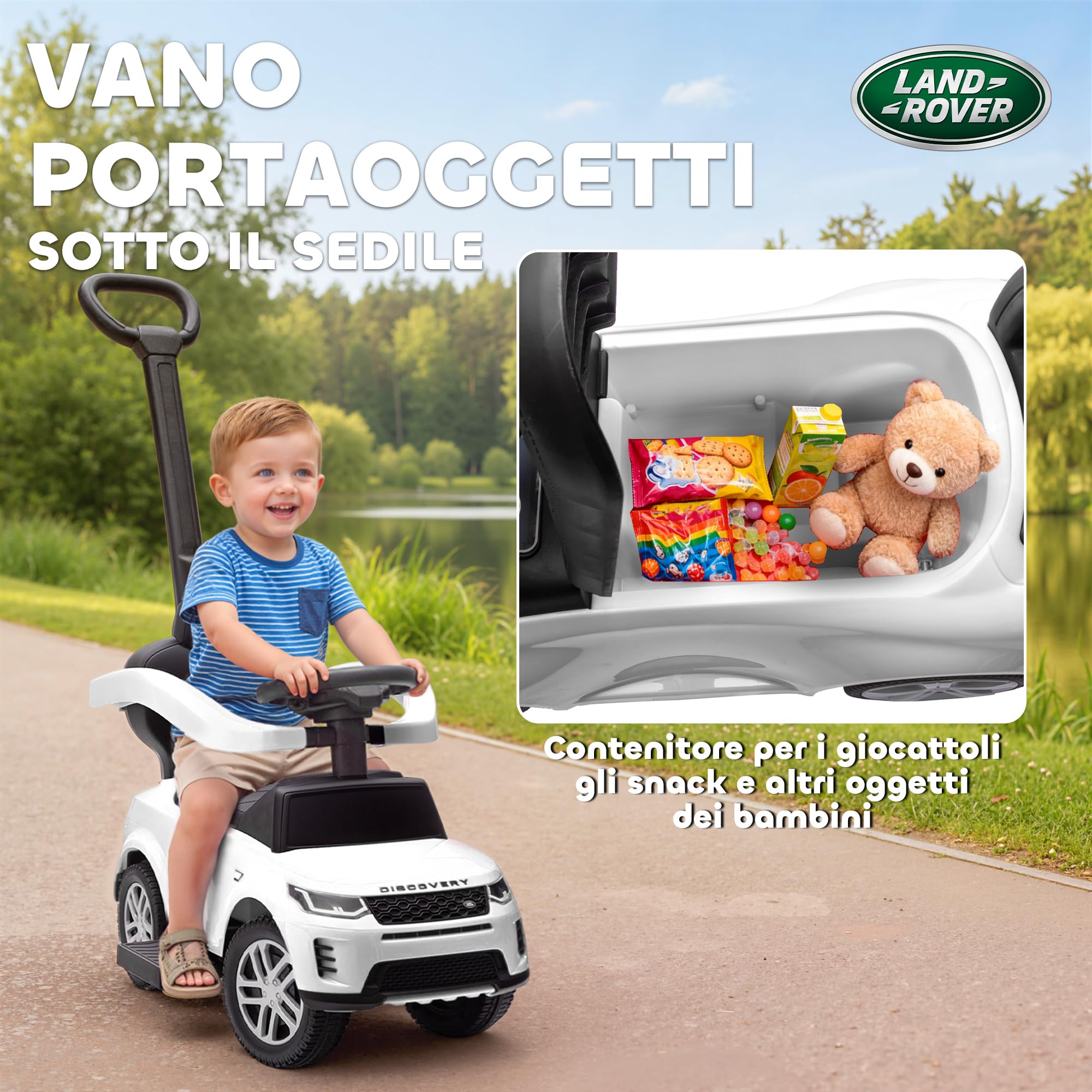 AIYAPLAY Macchina Primi Passi Cavalcabile per Bambini 1-3 Anni Licenza Land Rover Discovery con Maniglione e Barriera a 360°, Passeggino per Bambini in PP e Acciaio, 84x40x94.5 cm, Bianco