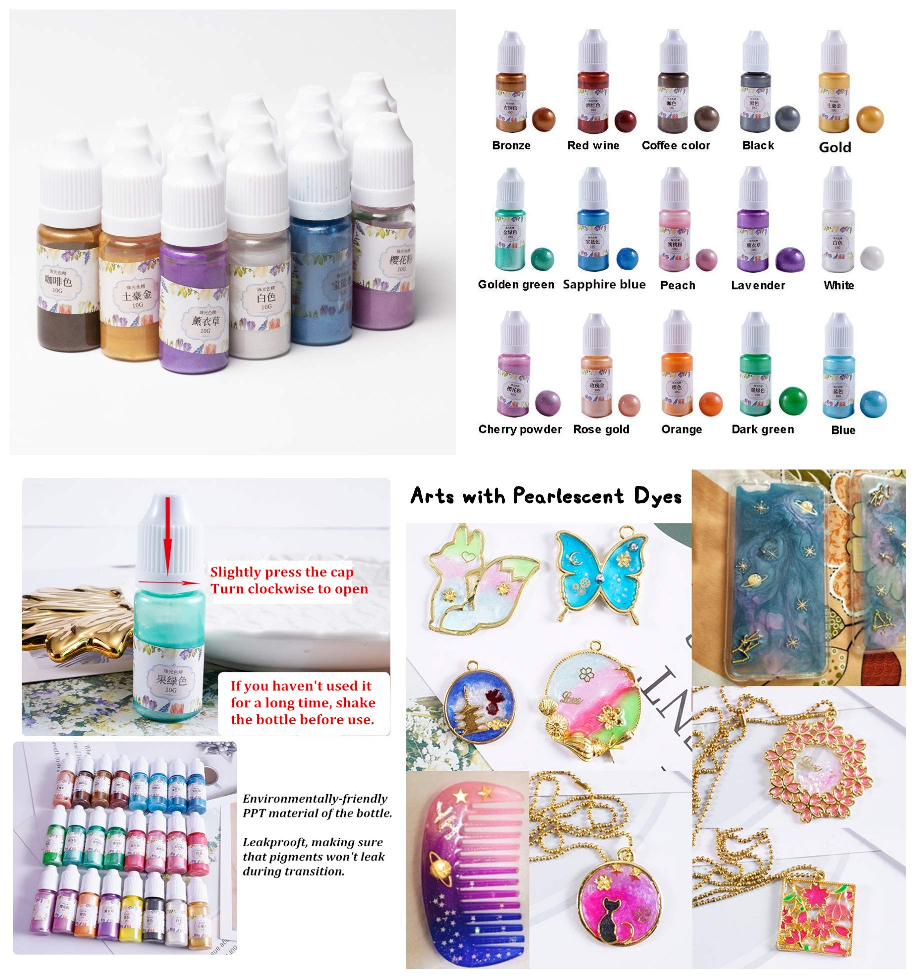 Joligel 2 partes Kit de fabricación de joyas de resina epoxi cristalina con 12 moldes + 28 pigmentos líquidos (13 colores sólidos 15 efecto metálico nacarado), con 2 tazas de mezcla + palos + pinzas