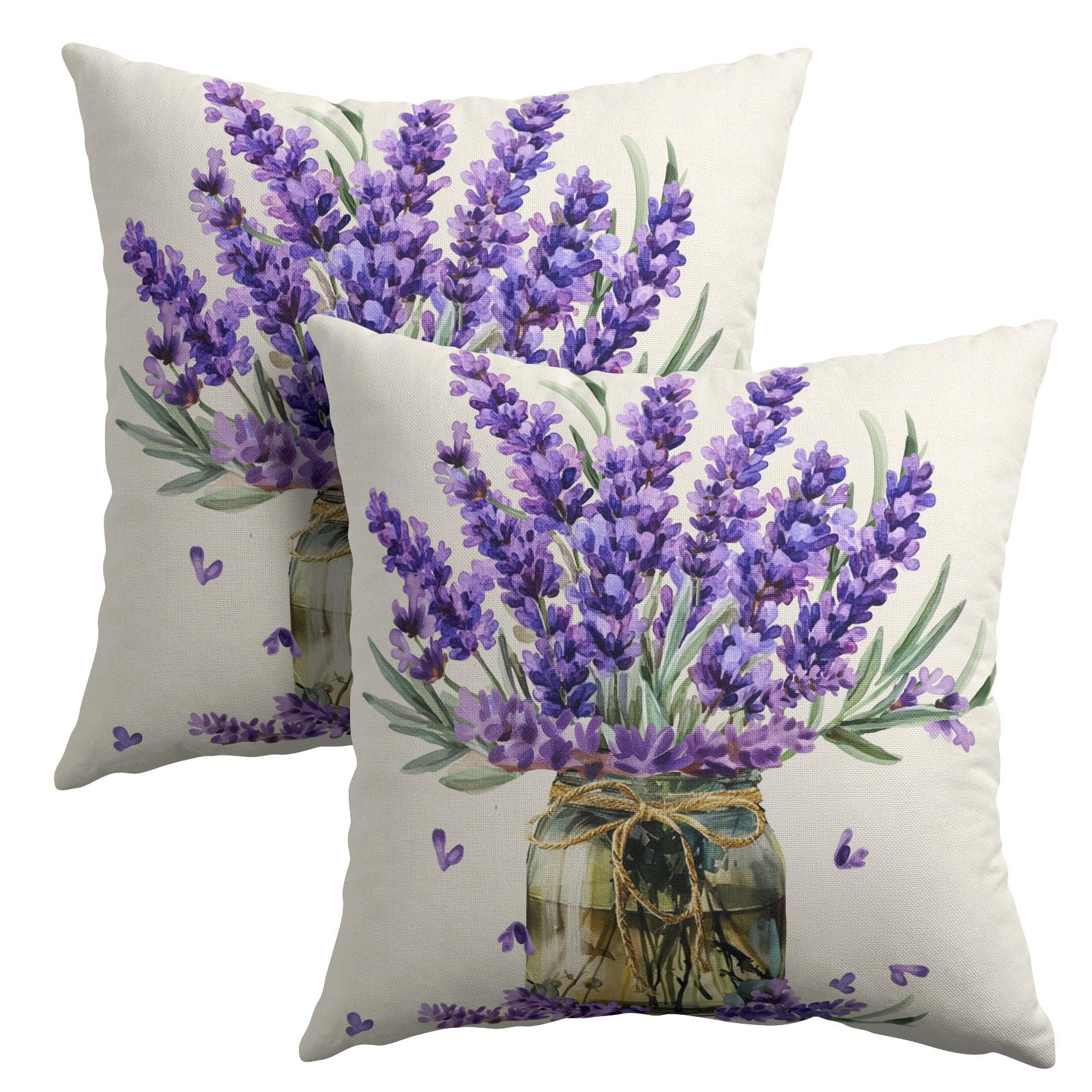 Anyako Spring Purple Flowers Throw Pillow Covers 16X16 Inches Set of 2 Purple Lavender Floral Mason Jar Pillowcase Soft Cotton Linen Square Spring