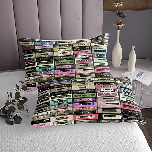 Miniatura 3 de Juego de edredón abstracto con cinta musical retro, tamaño individual, diseño vintage de radios de los años 80, juego de edredón de casete de audio