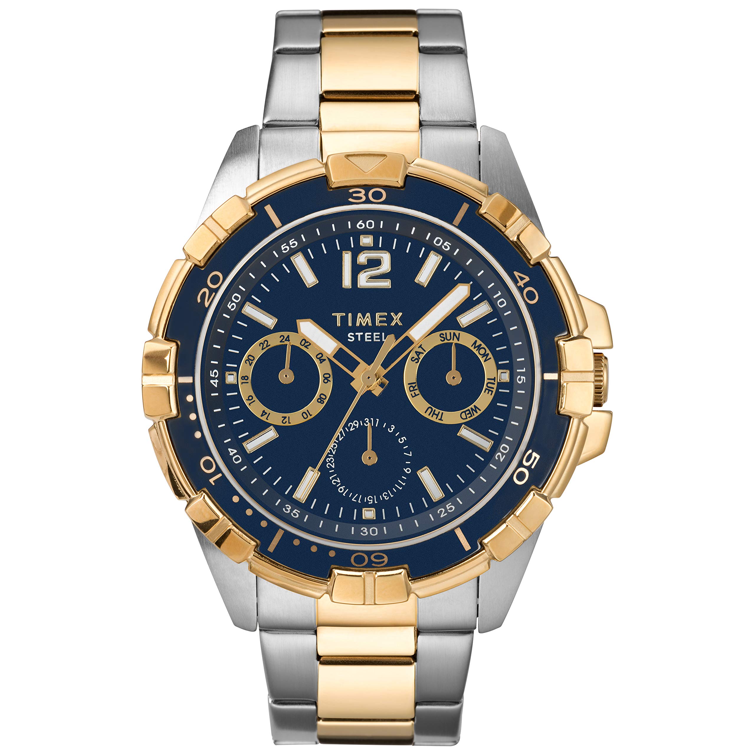 ፊት ለፊት view of the Timex watch with blue multifunction dial