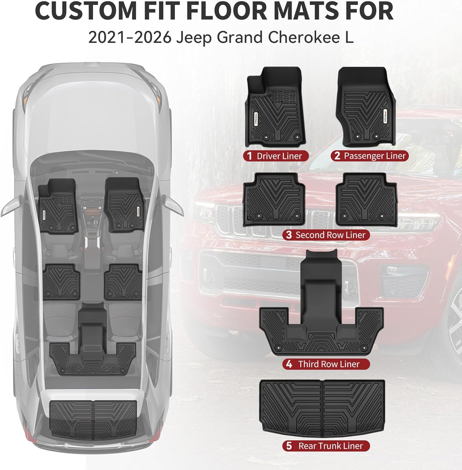 YITAMOTOR Floor Mats for Jeep Grand Cherokee L 2026-2021 (ONLY 6-Seater w/o Center Console), All Weather Custom Fit TPE Cargo Liner for 1-3 Rows and Trunk Full Car Mat Set Automotive Accessories Black