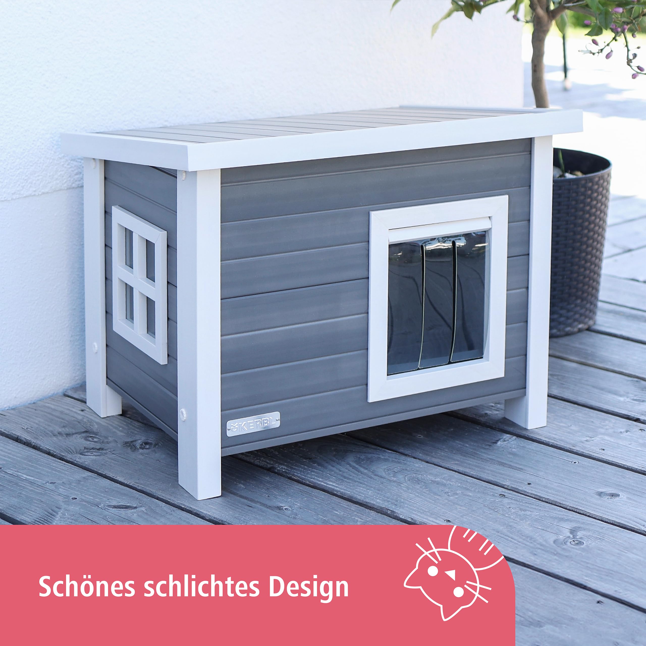 Kerbl Pet Katzenhaus Eli | Grau/Weiß, 57 × 45 × 43 cm, wetterfestes Haus aus recyceltem Kunststoff und Holz, einfach zu montieren
